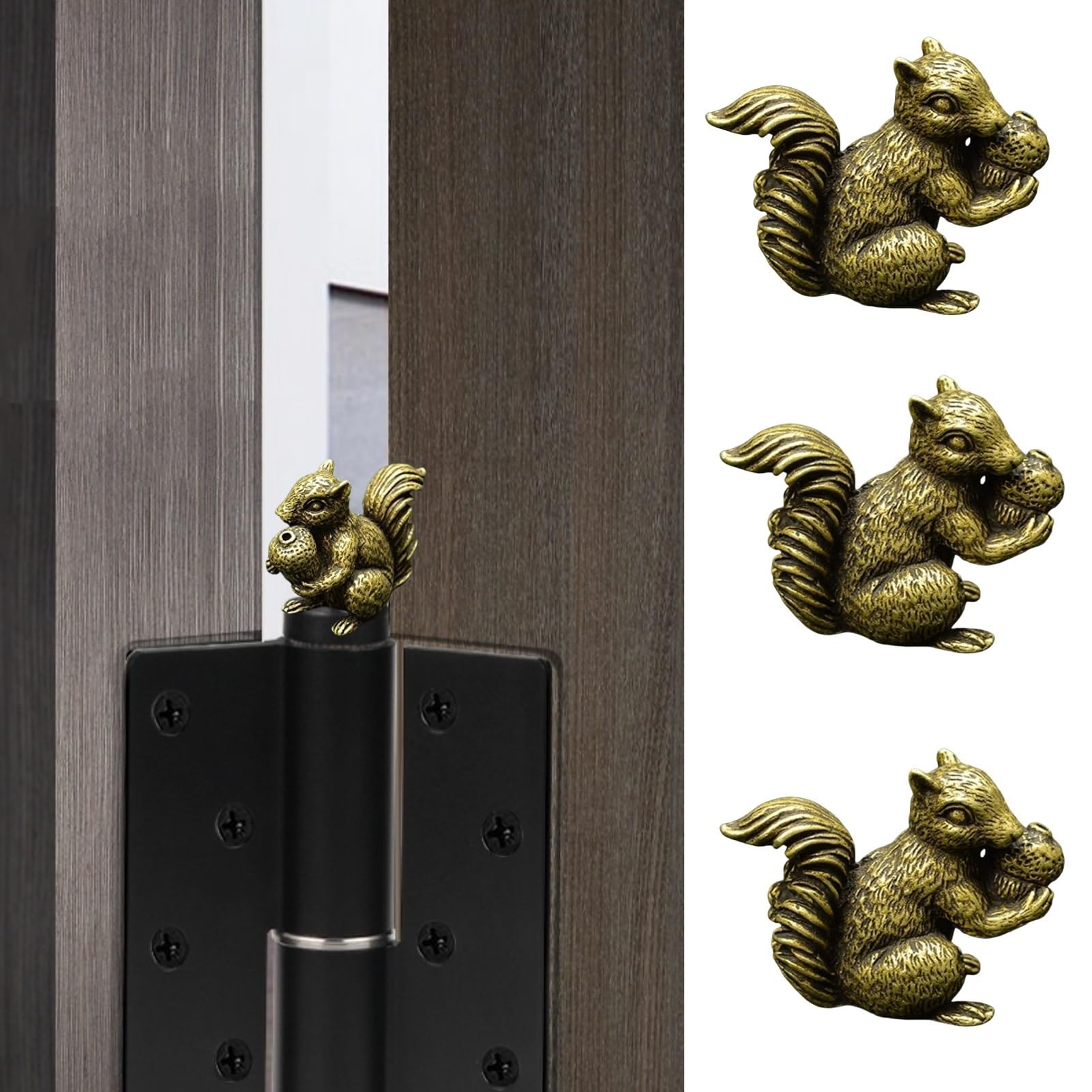 3PCS Brass Small Squirrel Hinge Heads Decorative Topper Set?Magnetic Hinge Head Toppers?Brass Squirrels Nuts Door Hinge Heads Decorative Topper Cute Magnetic Hinge Heads Figurines ?