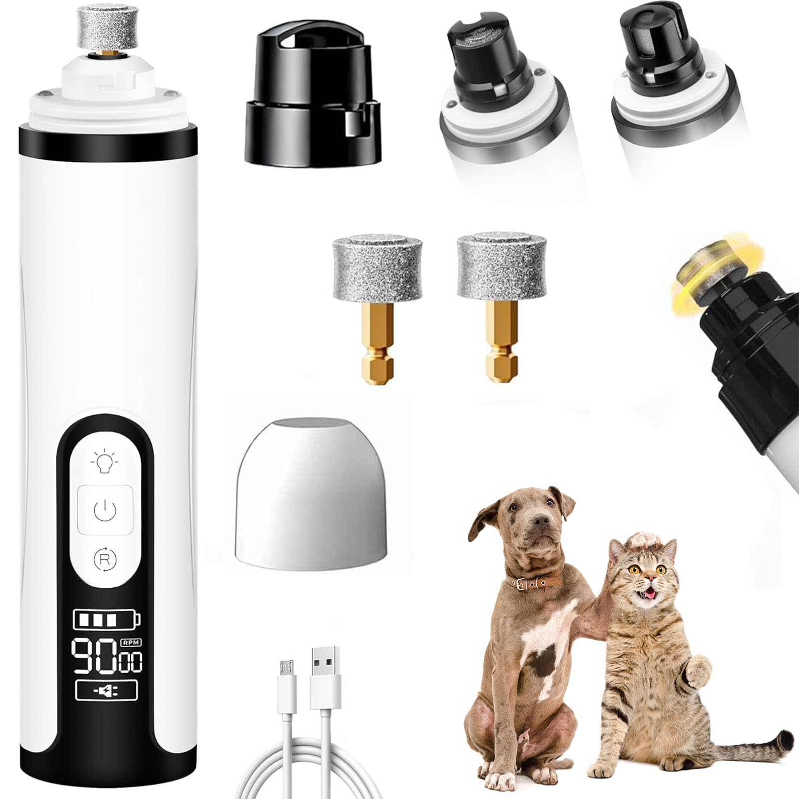 Nail Grinder, Upgraded Silent Dog Nail Grinder, Cordless Grooming Pro Nail Grinder with 3 Adjustable Speeds & Led Light Pet Nail Grinders for Dog Cat Home Use(1pc+2 Heads)