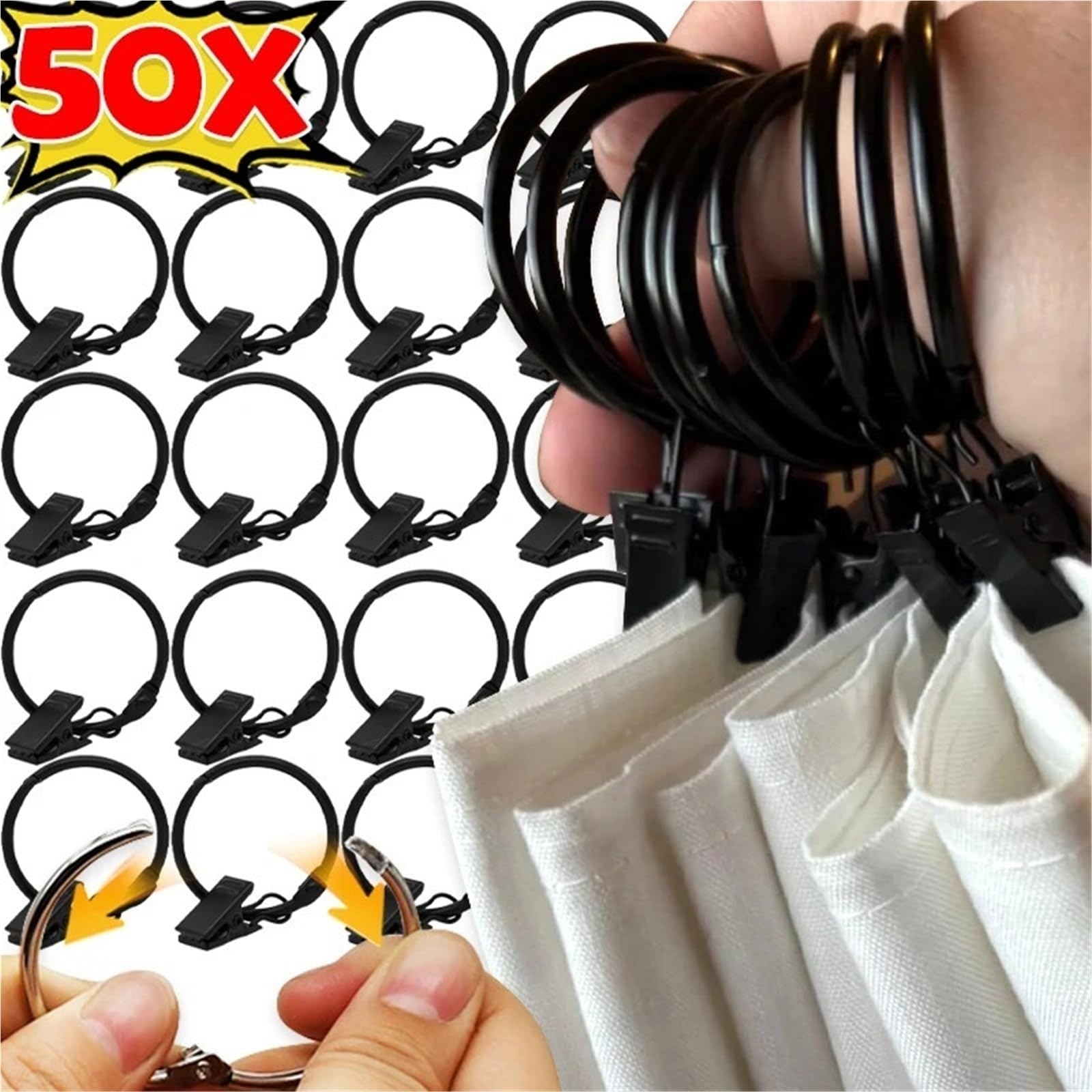 Duschvorhangringe 50/10 Stück Vorhangringe mit Clips aus Eisen, starker Halt for Vorhänge, Haken, Mehrzweck-Lichterketten for Aufhängen(Black-25mm,30PCS)