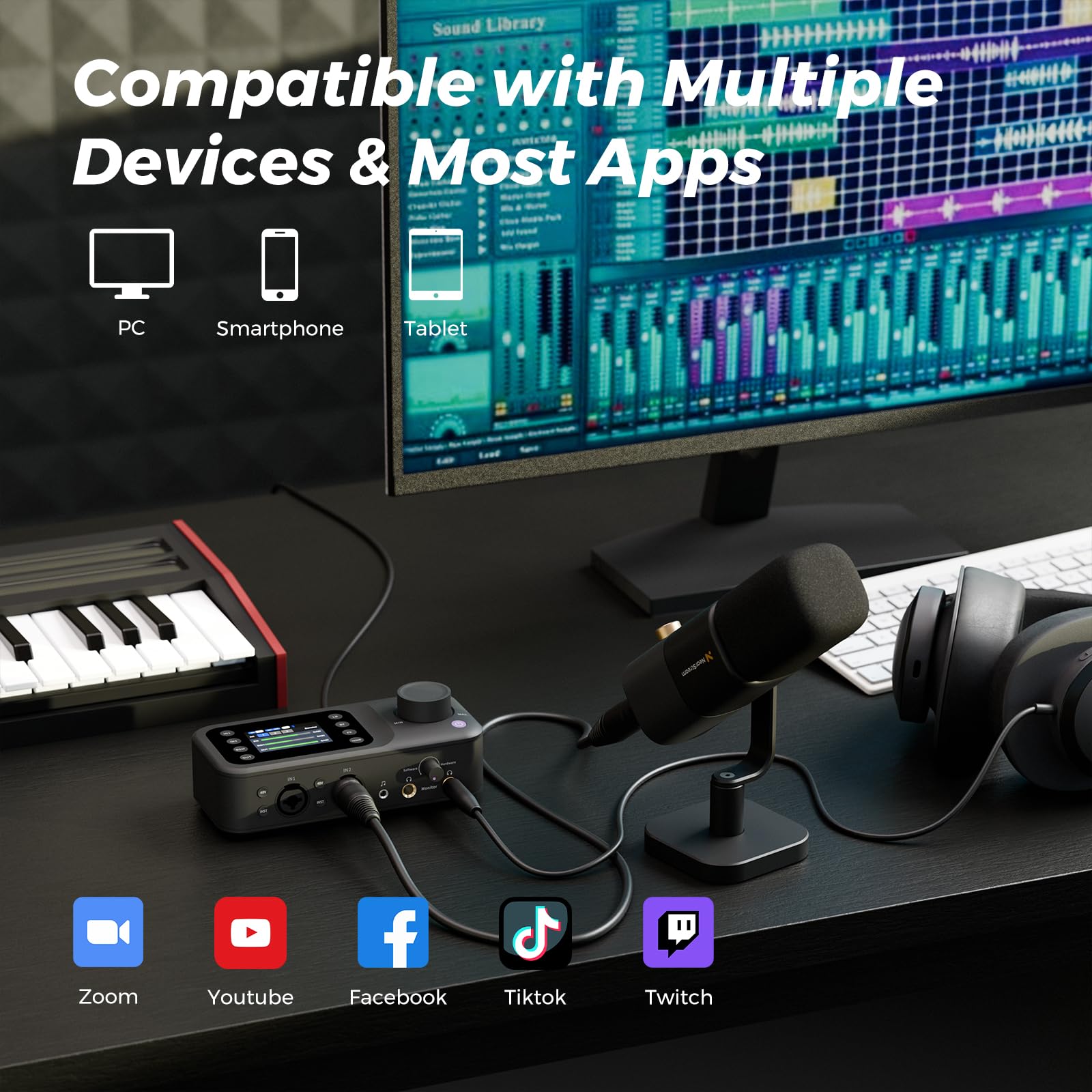 AMIX40U Audio Interface con preamplificatore pro/10 canali/Dual XLR o 6,35 mm Audio Port/48 V Phantom Power/Bluetooth/LCD, mixer audio per chitarristi/produttori su PC/Mac