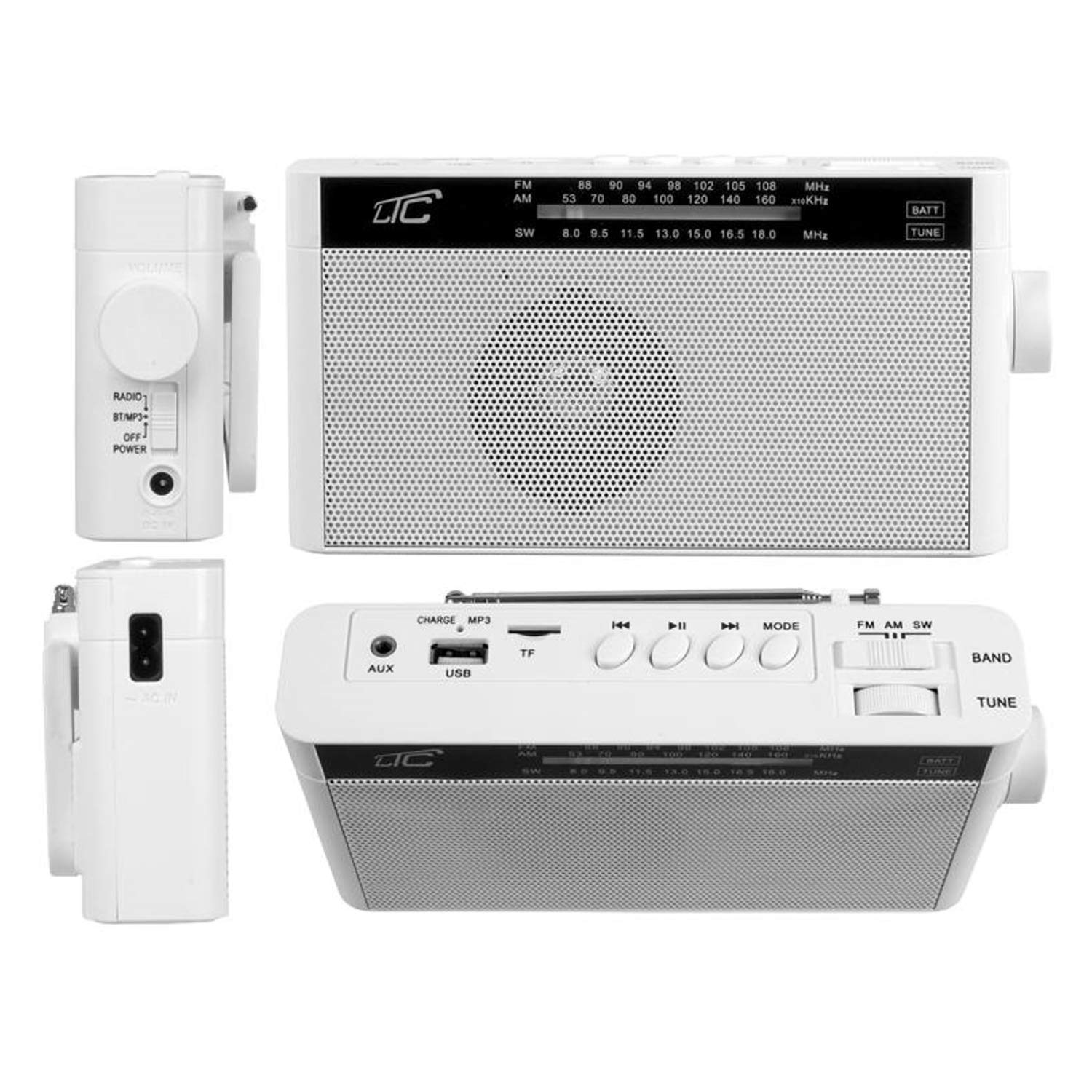 LTC SONA Przenośne Radio z Bluetooth, USB i Czytnikiem Kart microSD - z Uchwytem - Zasilanie Sieciowe lub Akumulatorowe - AM FM SW - do Domu, na Plac Budowy - Kompatybilne ze Smartfonem - Białe