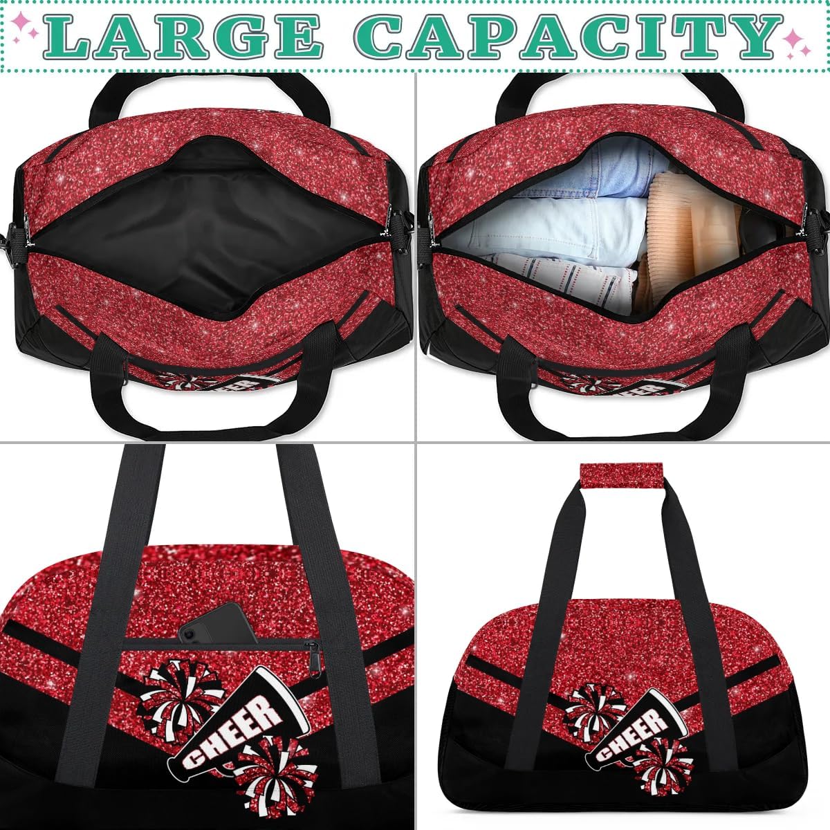 Cheerleading Kids Duffel Bags for Girls - Red Glitter Cheer Gym Bag Dance Duffel Bag for Travel Weekender Practice Gymnastics Ballet School Sport Sleepover Bag - Image 5