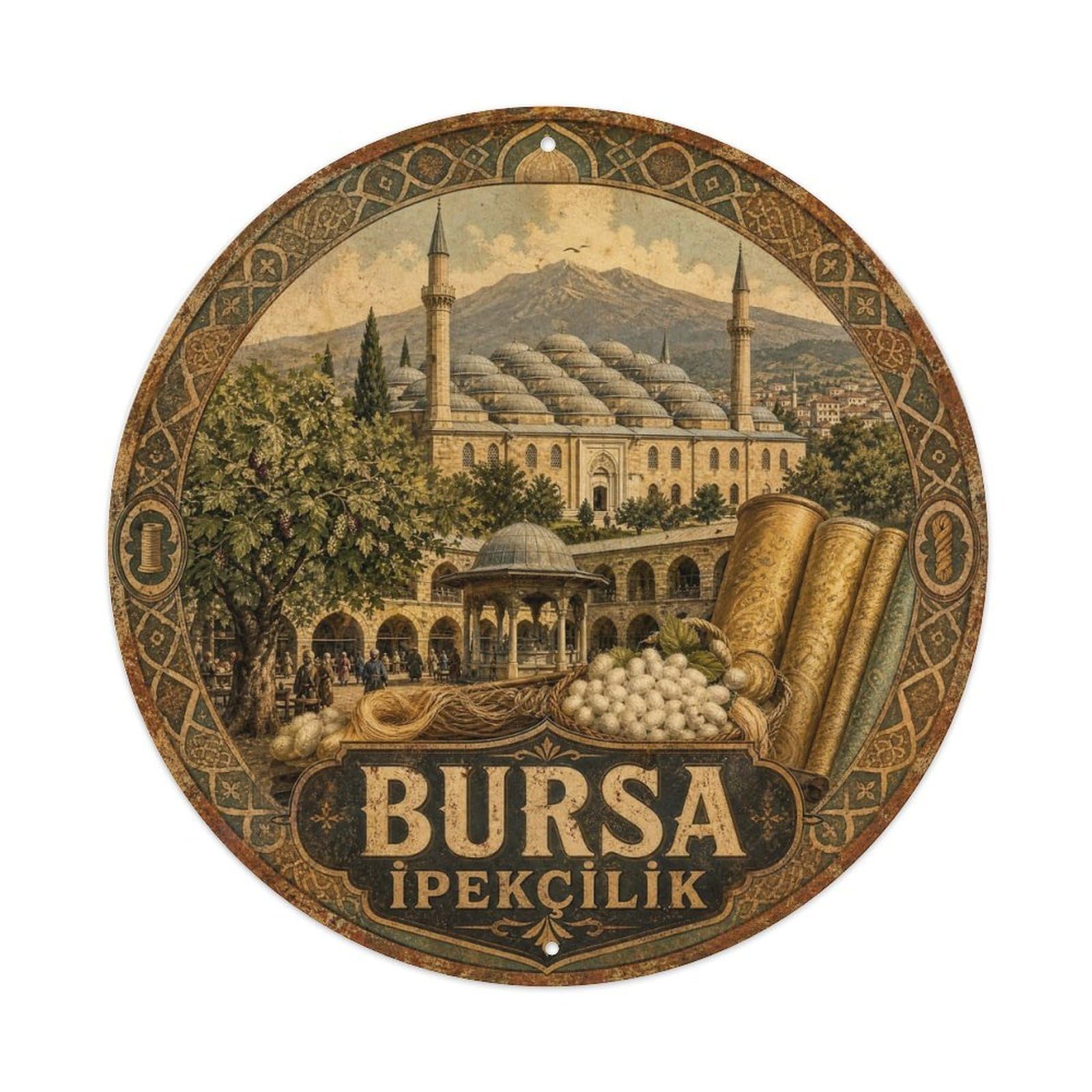 Bursa Silk Mosque Anatolian Faith Culture Aged Vintage Metal Tin Sign