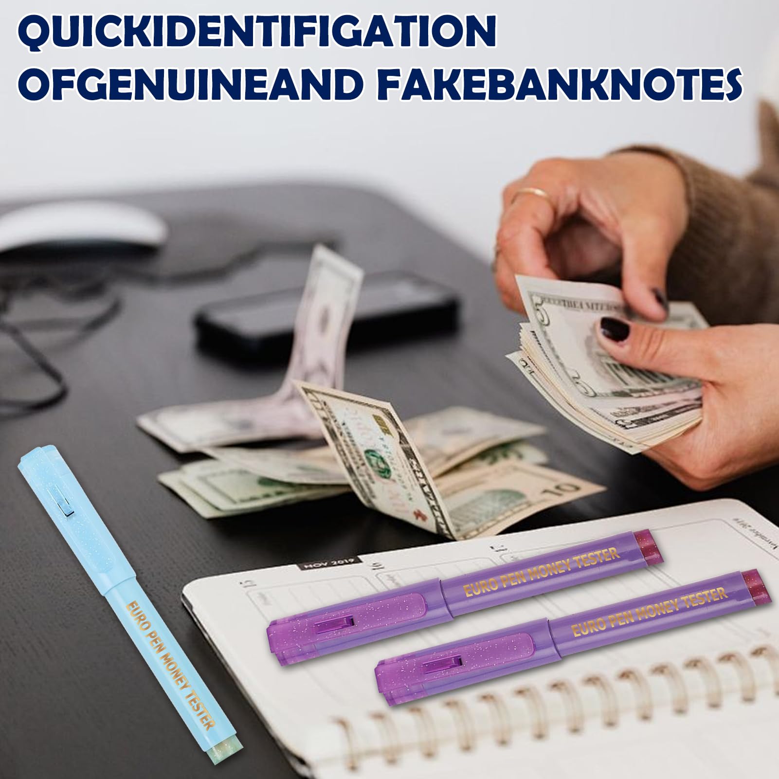 Bolígrafos Detectores de Billetes Falsos con Luz UV, Detector Portátil para Euros, Dólares, Libras