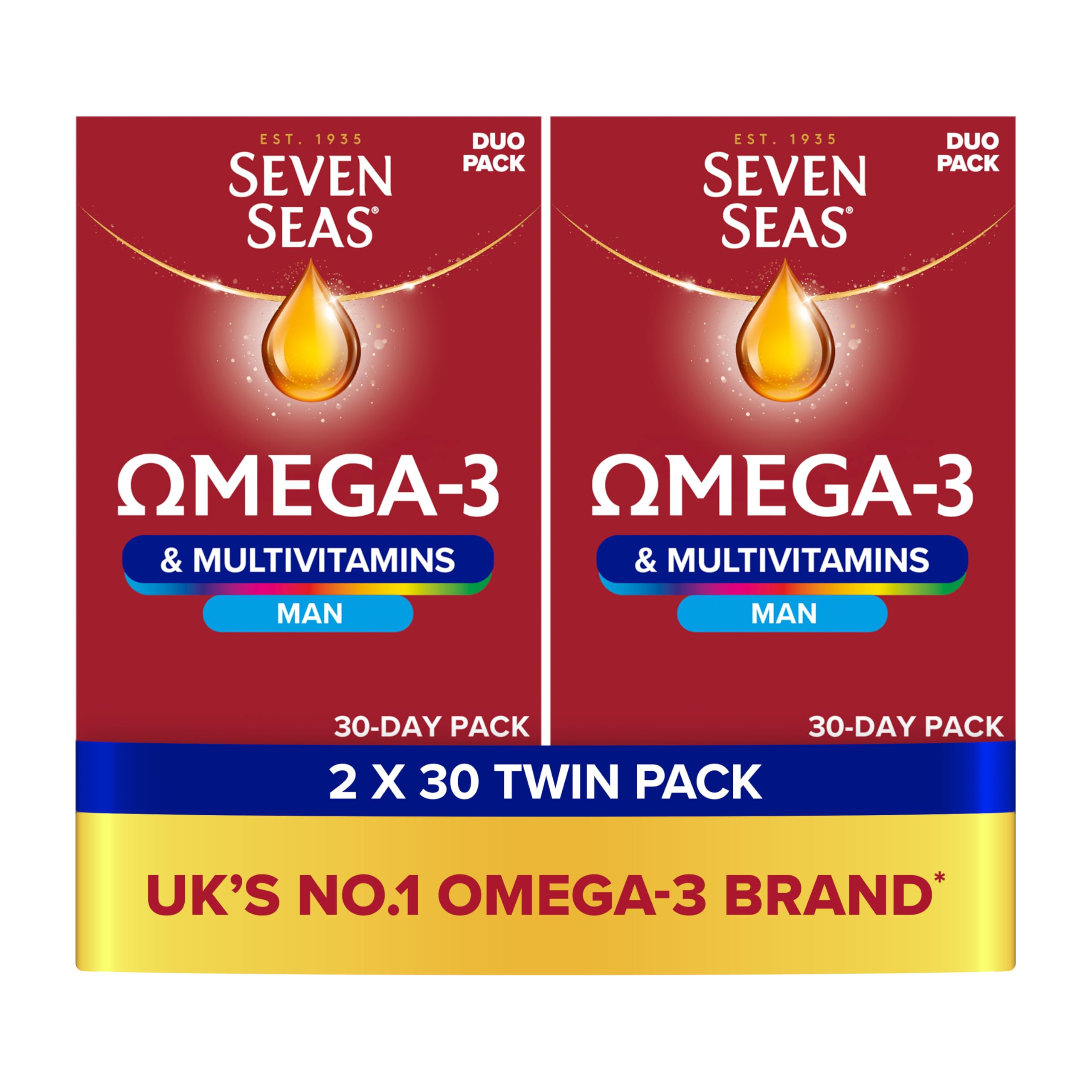 Seven Seas Omega-3 & Multivitamins Man, with B Vitamins and Magnesium, 60 Omega-3 Capsules + 60 Multivitamins Tablets, 2 Months Supply (2X 30 Days Twin Pack), with Educational Leaflet