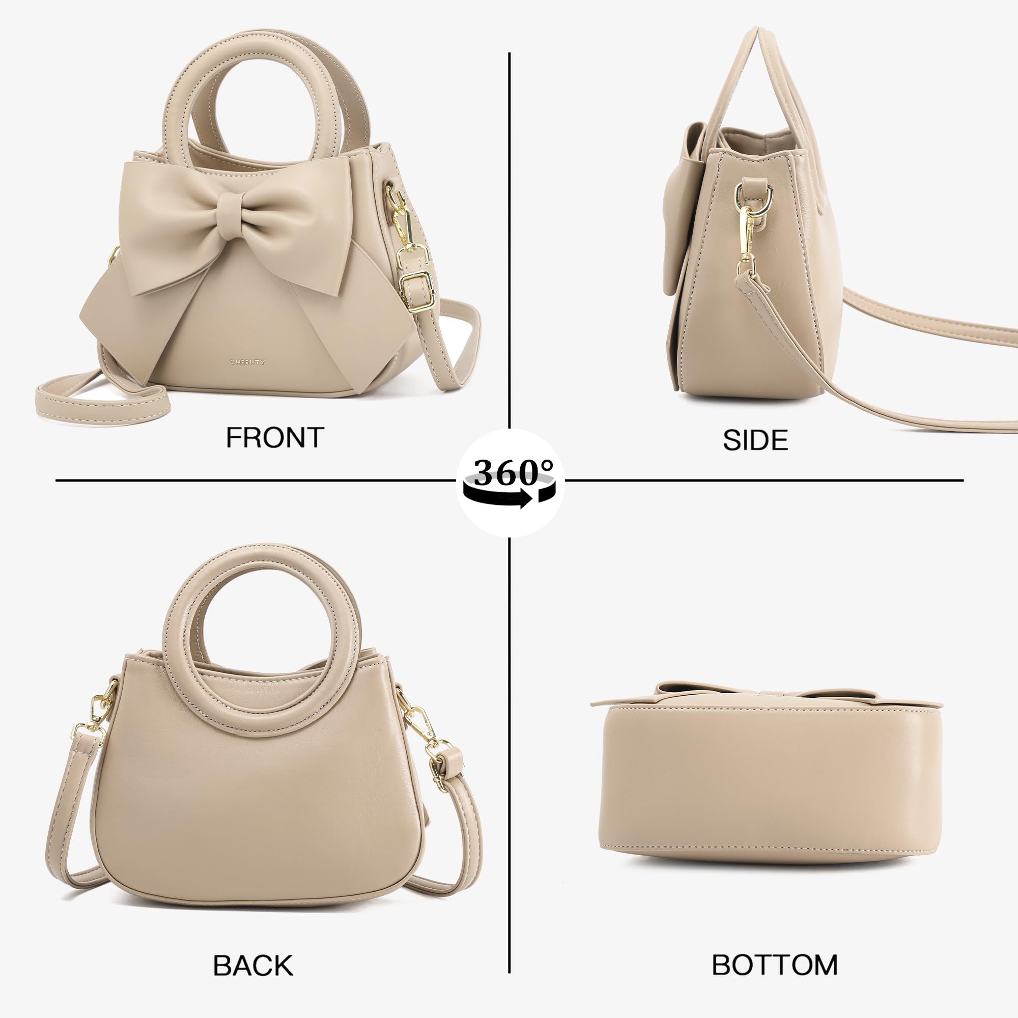 Monederos pequeños para mujer, bolsos cruzados de cuero vegano con asa de transporte superior y bonito lazo (caqui), Caqui