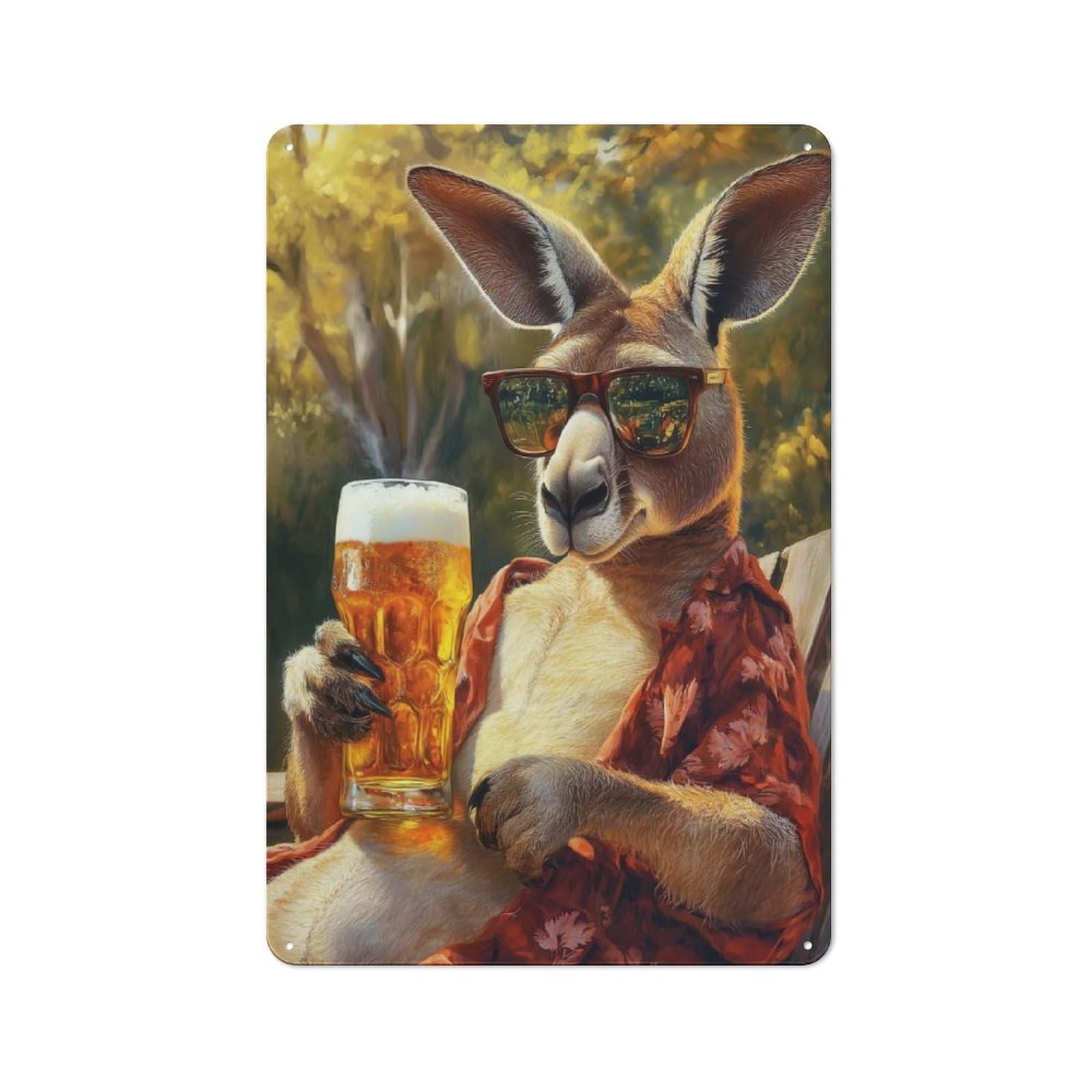 Cool Kangaroo with Beer Tin Wall Plaque 30x20cm, Barn Style Rustic Kitchen Decor for Farmhouse Kitchen, Pantry Or Dining Area