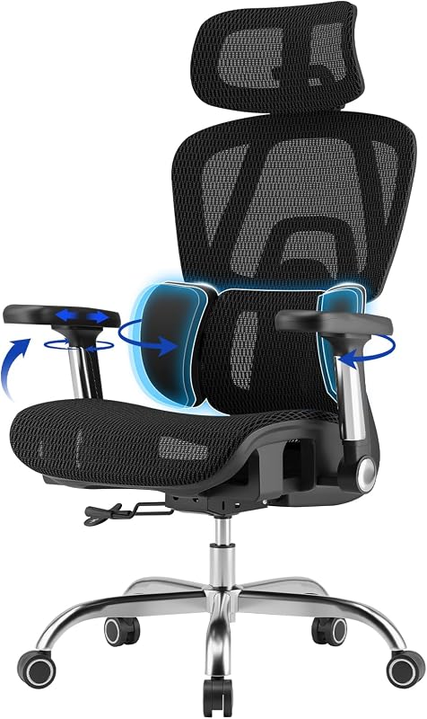Silla de Oficina de Malla Transpirable, Sillas de Oficina, Silla de Escritorio con Soporte Lumbar Ajustable, Silla para Computadora, Reposabrazos Abatibles 5D, Capacidad de 330 Libras, Bloqueo de Inclinación, Reposacabezas 3D