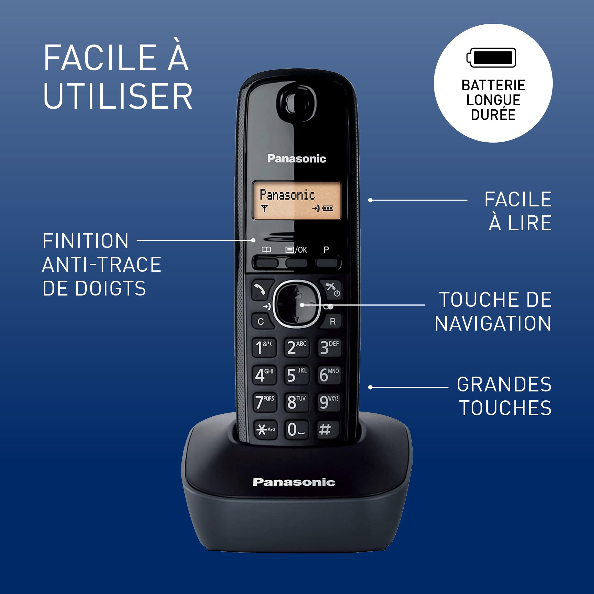 Panasonic KX-TG1611FRH Téléphone Solo sans Fil DECT sans répondeur Noir [Version Française]
