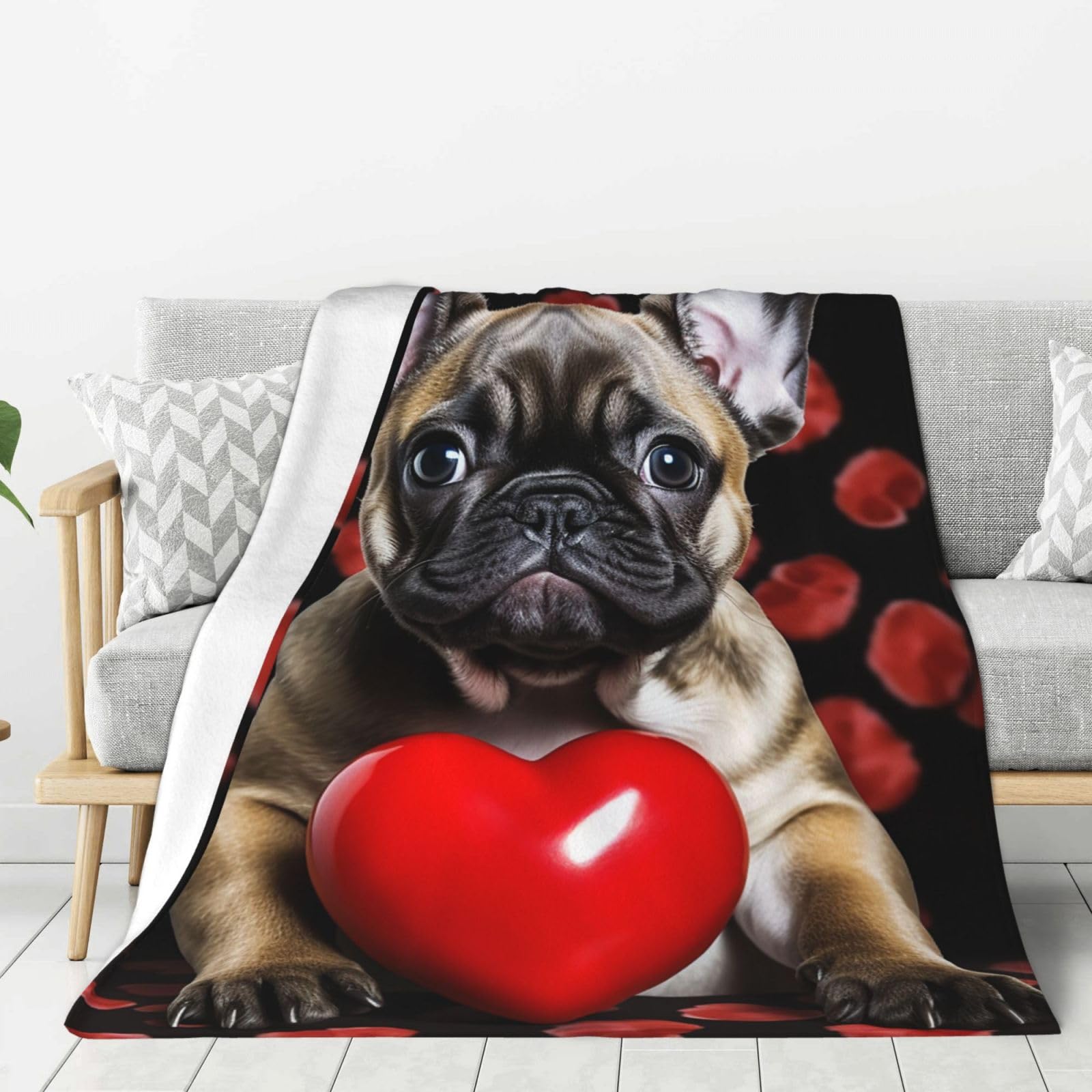 French Bulldog Holding A Red Heart Throw Blanket Plush Flannel Fleece Blanket, Soft Lightweight Cozy Blankets 60"X50" for Bed Couch Sofa Travel
