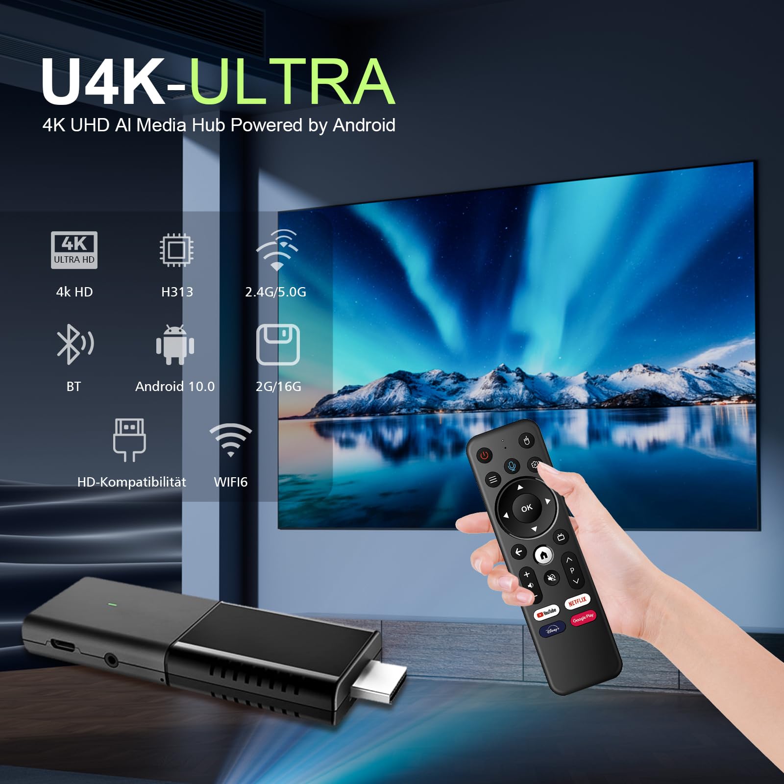 BOXPUT Q3 TV Stick, Android 10 System, 2 GB RAM 16 GB ROM, 2,4G / 5G Podwójny Pilot WiFi BT, 4-Rdzeniowy 4K High-Definition TV Stick, Z Pilotem Głosowym Bluetooth