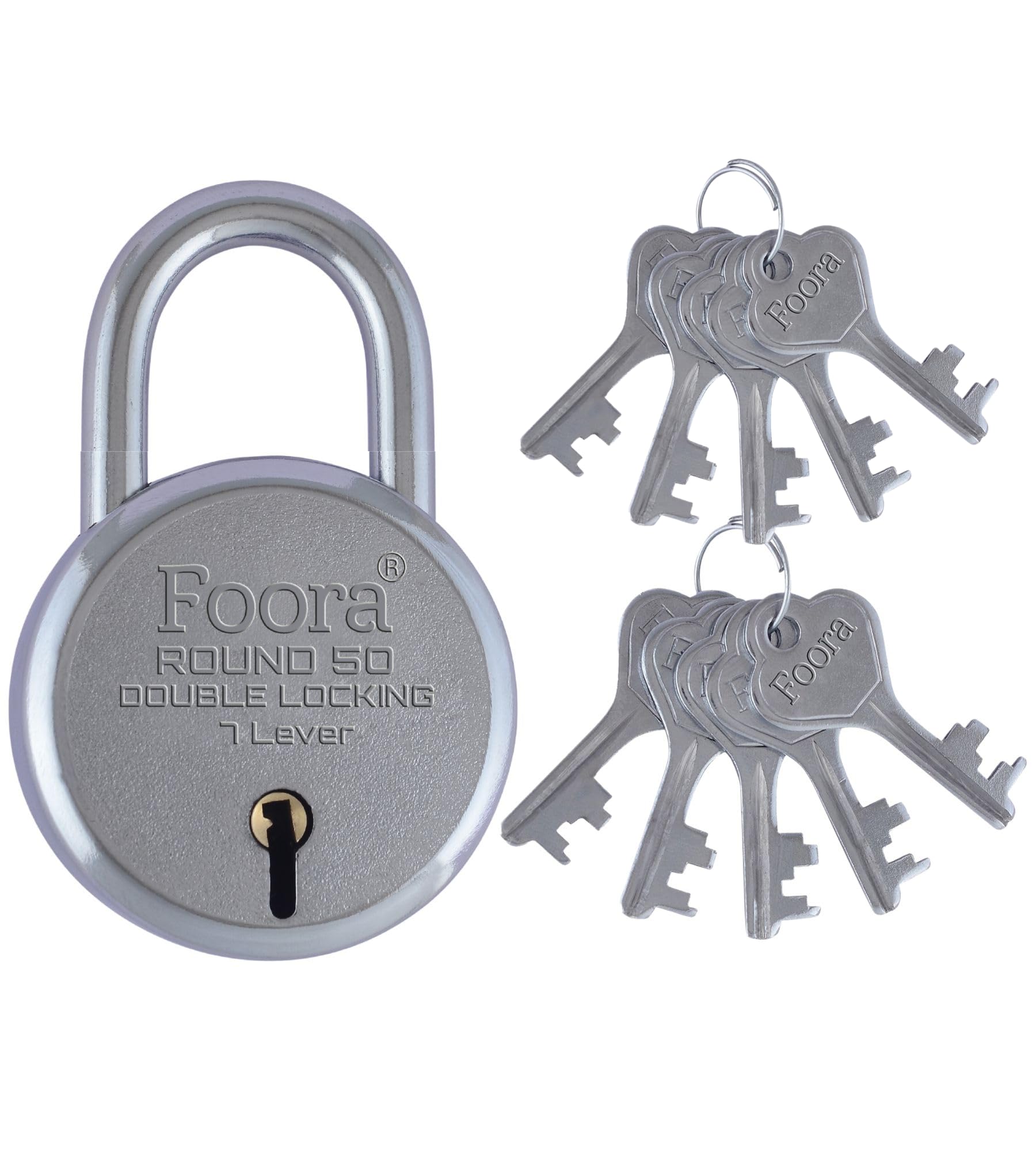 Foora Round Heavy Duty Padlock, 50mm, Double Locking 7 Steel Lever, 10 Keys, for Home, Gate, Shutter-image-45