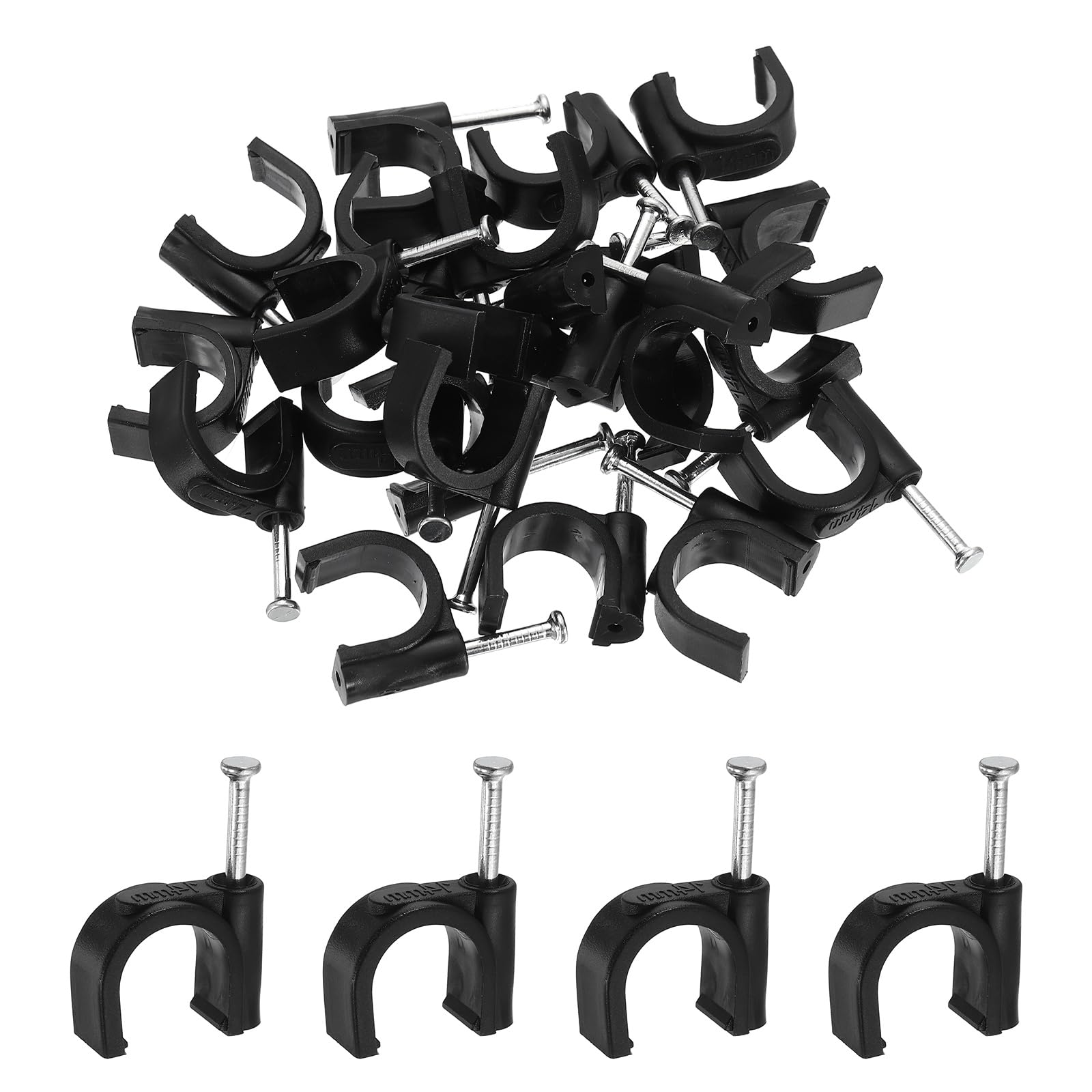 sourcing map 60pcs Cable Clips with Nail 14mm ID Circular Single Half Clamp J-Hook with Nail Cord Clips for Wires on Wall for Ethernet Tacks Coax Pex Tubing Pipe Support, Black