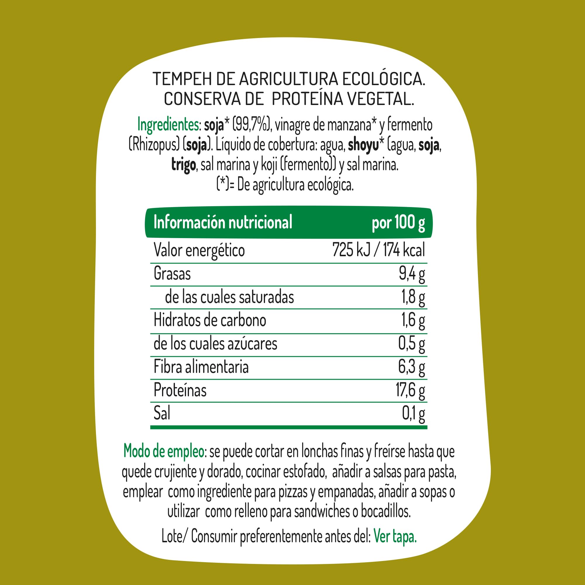El Granero Integral - Tempeh en Conserva BIO - 380 g - Carne Vegetal de Soja Fermentada y Shoyu - Alimento Rico en Fibra y Proteínas - Apto para Veganos