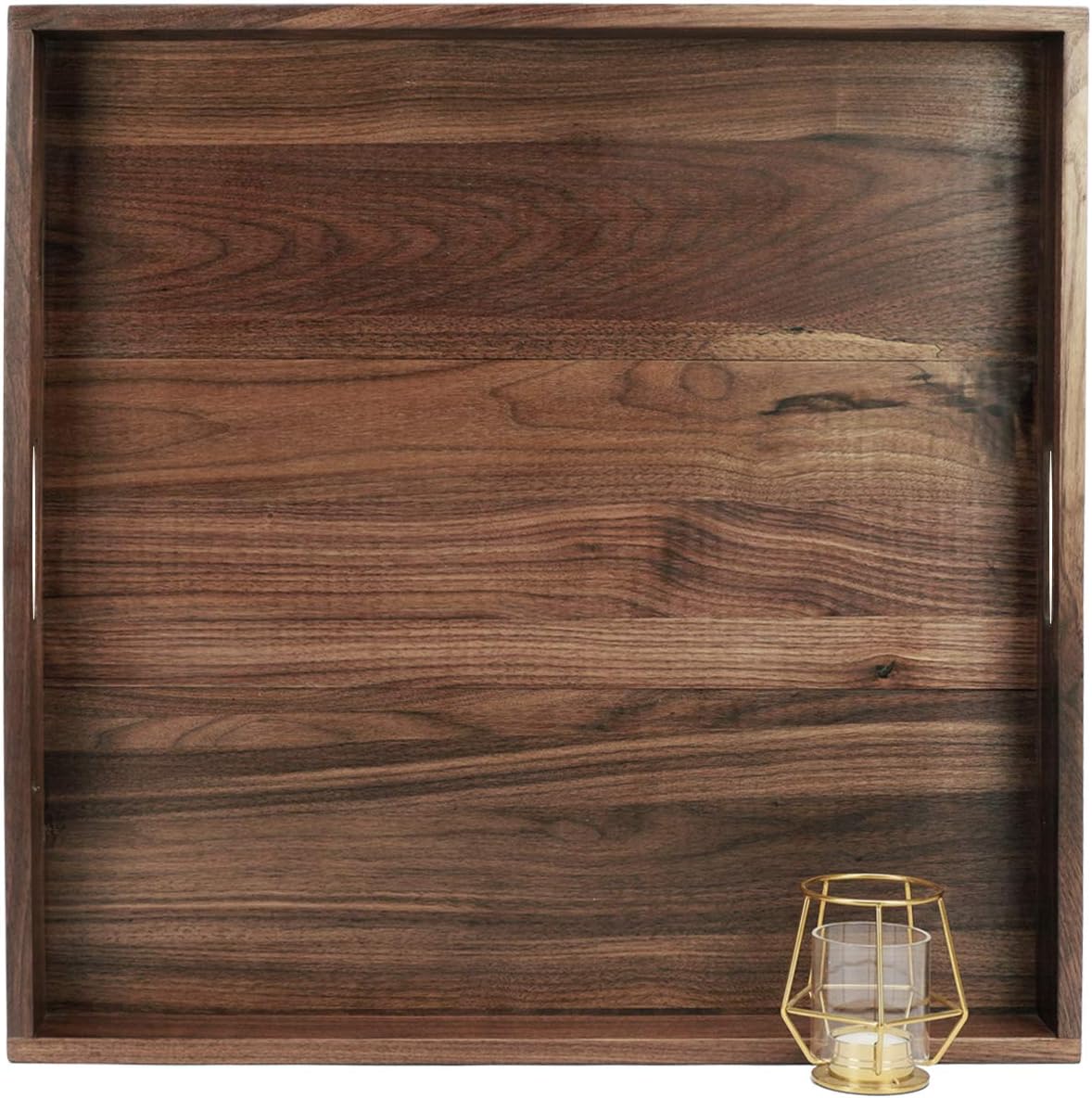 22 x 22 Inches Large Square Black Walnut Wood Ottoman Tray with Handles, Serve Tea, Coffee or Breakfast in Bed, Classic Wooden Decorative Serving Tray