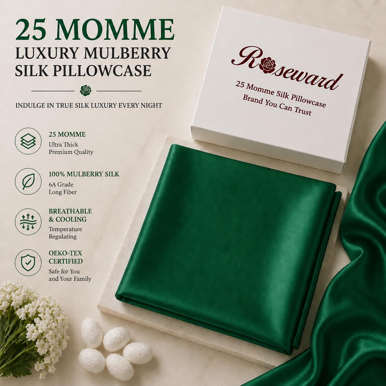 Real 22 Momme - Funda de almohada de seda hipoalergénica pura orgánica, natural, 100% seda de morera para mujer, cabello y piel, tamaño Queen con cremallera (verde esmeralda, Queen)