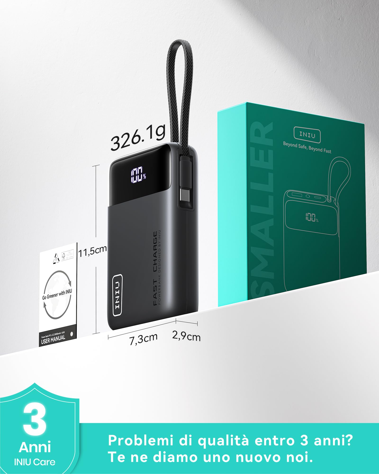 INIU Power Bank, Piccolo 45W Ricarica Rapida 20000mAh Powerbank con Cavo USB C Integrati, Sicuro in Aereo, Essenziale da Viaggio, Caricatore Portatile per iPhone 17 16 Pro, Xiaomi, Samsung, iPad ecc