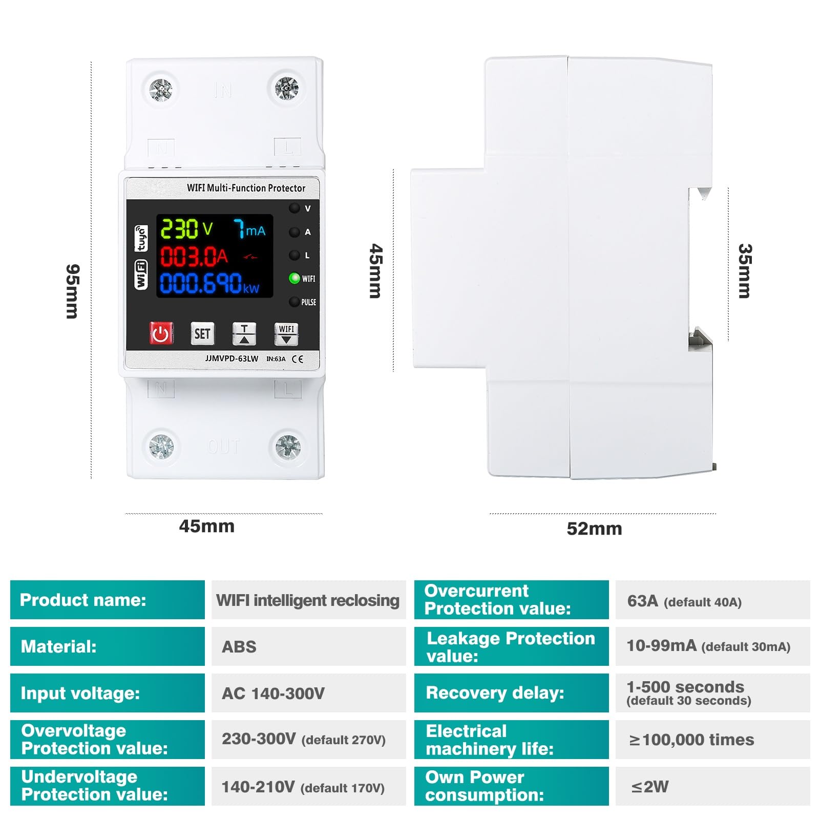 DEWIN Contatore Energia Elettrica WiFi,63A 220V Protettore di Sovratensione e Sottotensione Misuratore Energia Elettrica WiFi Scaricatore di Sovratensione 220V