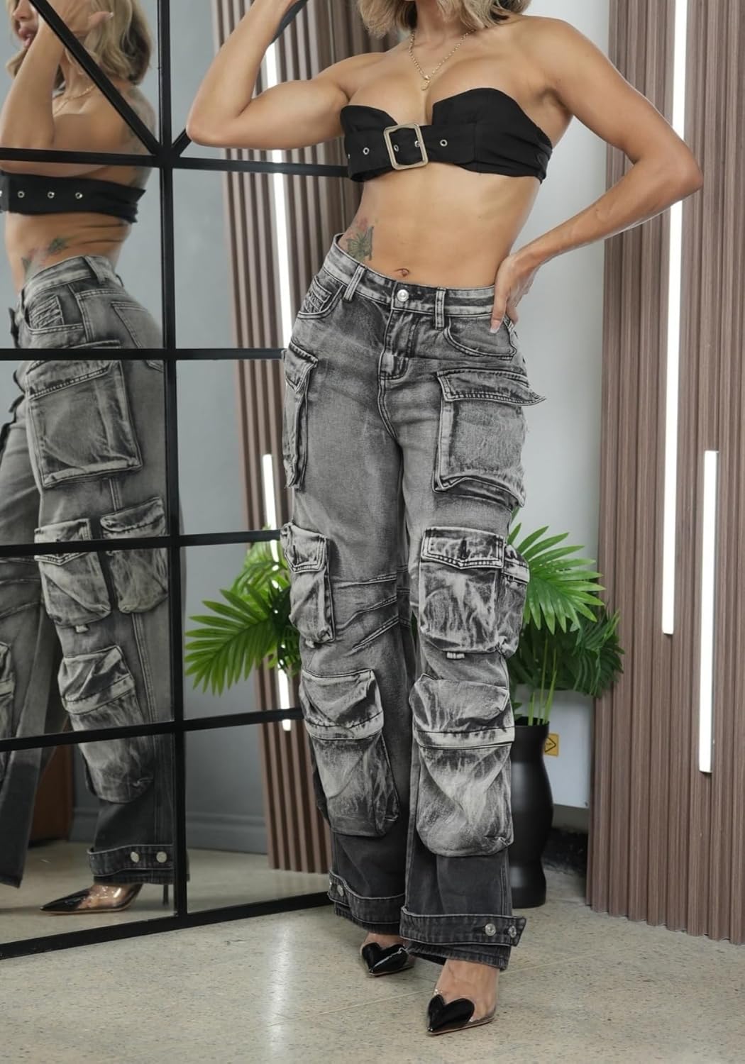 Unybwonn Women Cargo Jeans High Waist Wide Leg Patchwork Denim Pants Baggy Y2k Streetwear Pants with Multi Pockets