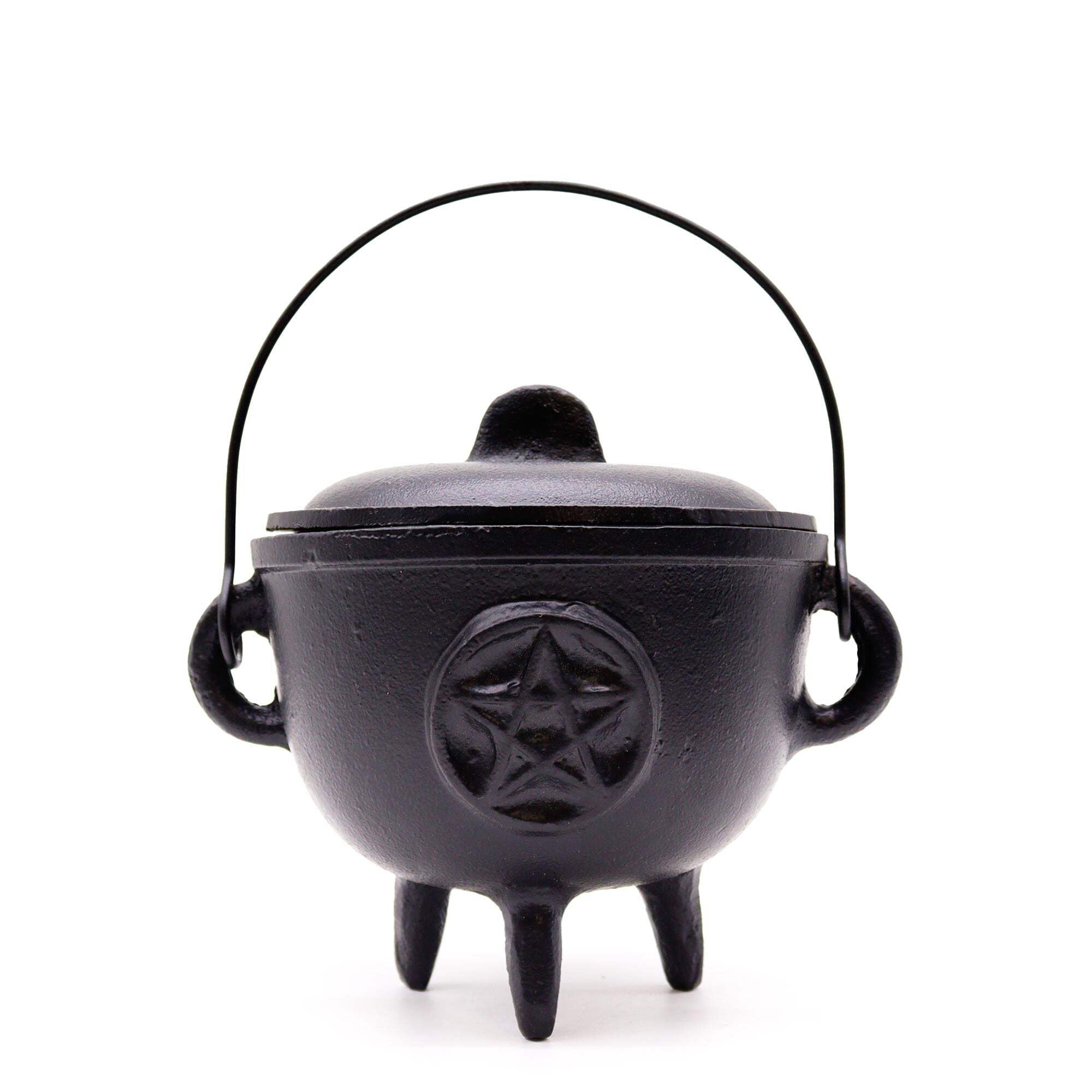 Chaudron en fonte, parfait pour la sorcellerie, les sorts d'énergie, l'autel d'Halloween, le païen et les rituels wiccans (Pentagone, 12 x 15 cm)