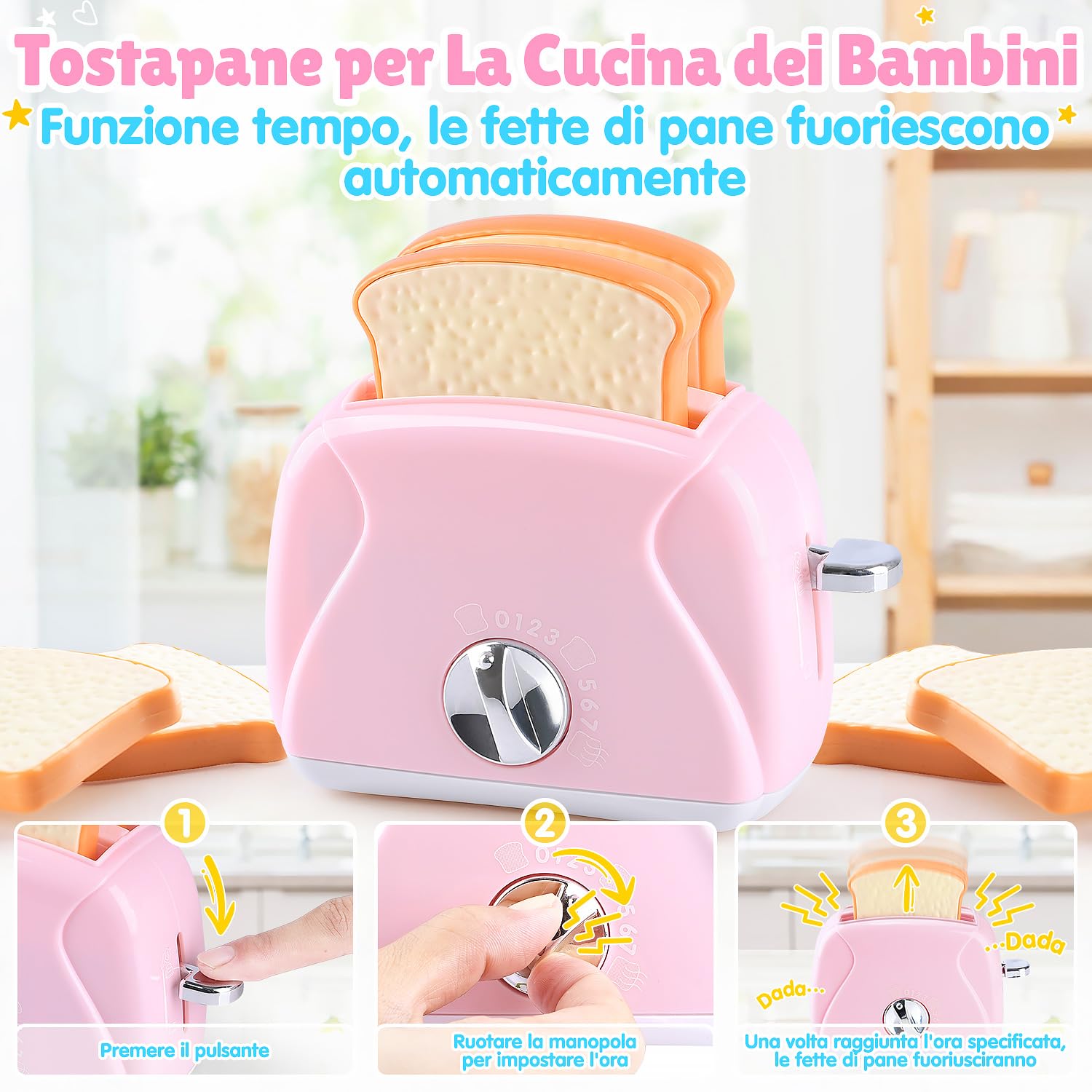 PLAY Accessori Cucina Bambini, Set di Accessori Cucina Giocattolo con Macchina Caffè Giocattolo, Mixer, Frullatore e Tostapane con Luci e Suoni, Kit Elettrodomestici Cucina per Bambini da 3+ (Rosa)