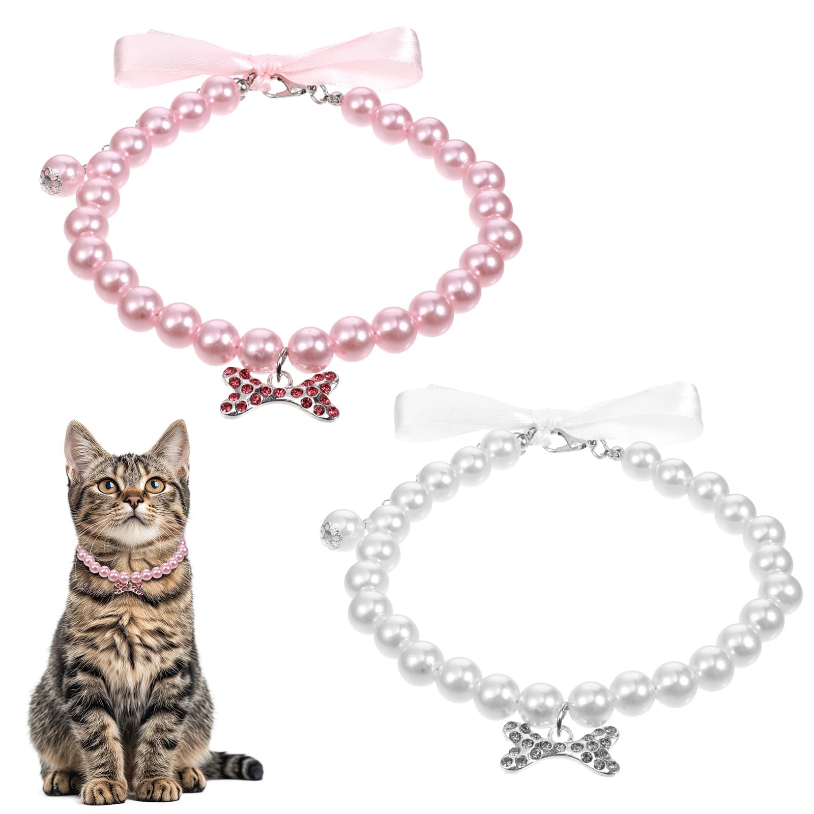 Photo 1 of 2 PCS Cat Collar Necklaces with Rhinestone Bone Cute Pearl Necklace Small Dog Kitten Collars Fancy Pet Jewelry Collars for Wedding Birthday (Pink+White)