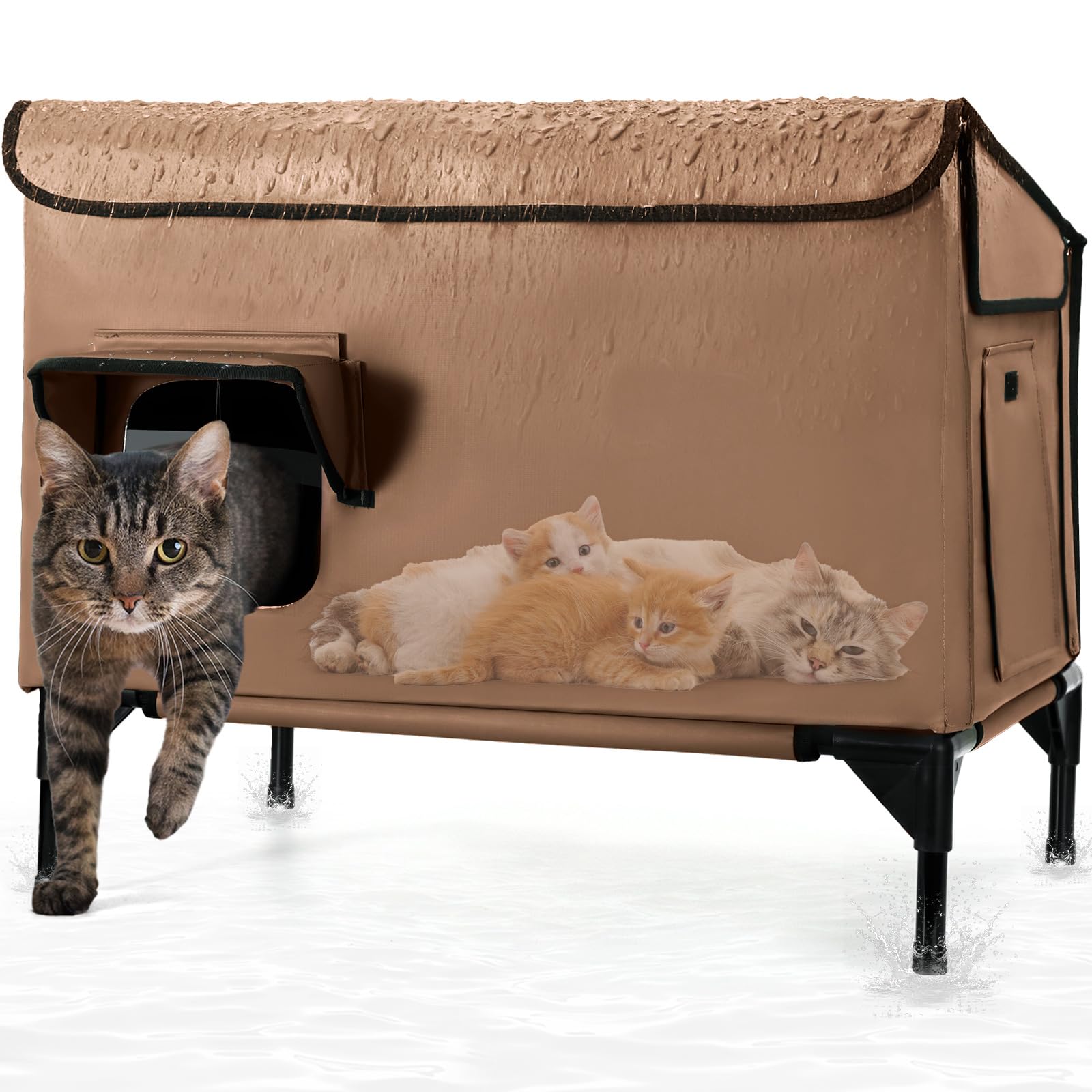 Großes Katzenhaus Outdoor Winterfest Isoliert, Erhöhtes Katzenhaus für Draußen mit Schrägdach und Fluchttür für Verwilderte Freigängerkatzen, Streunerkatzen vom Bauernhof (Braun)
