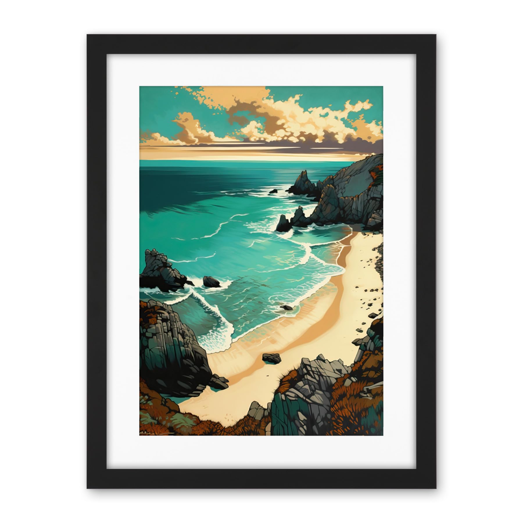 Artery8 Porthcurno Sandy Beach Cliffs Coastal Landscape Artwork Framed Wall Art Print 18X24 Inch