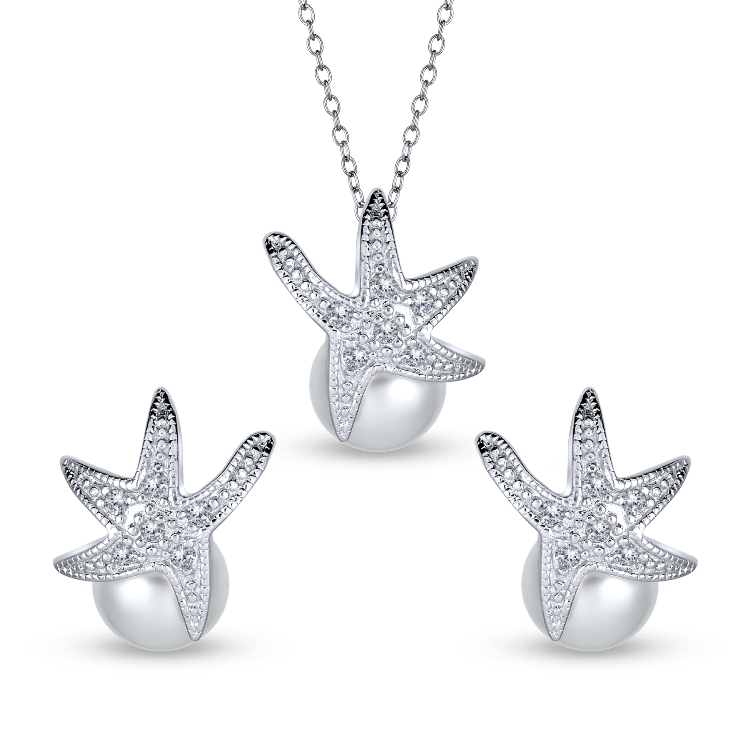 Sposa Nautico CZ Per Matrimonio In Spiaggia, Set Di Gioielli Con Perle Bianche Simulate Da 8MM, Collana A Forma Di Stella Marina Con Pendente E Orecchini A Perno In Argento Sterling .925 Per Donne