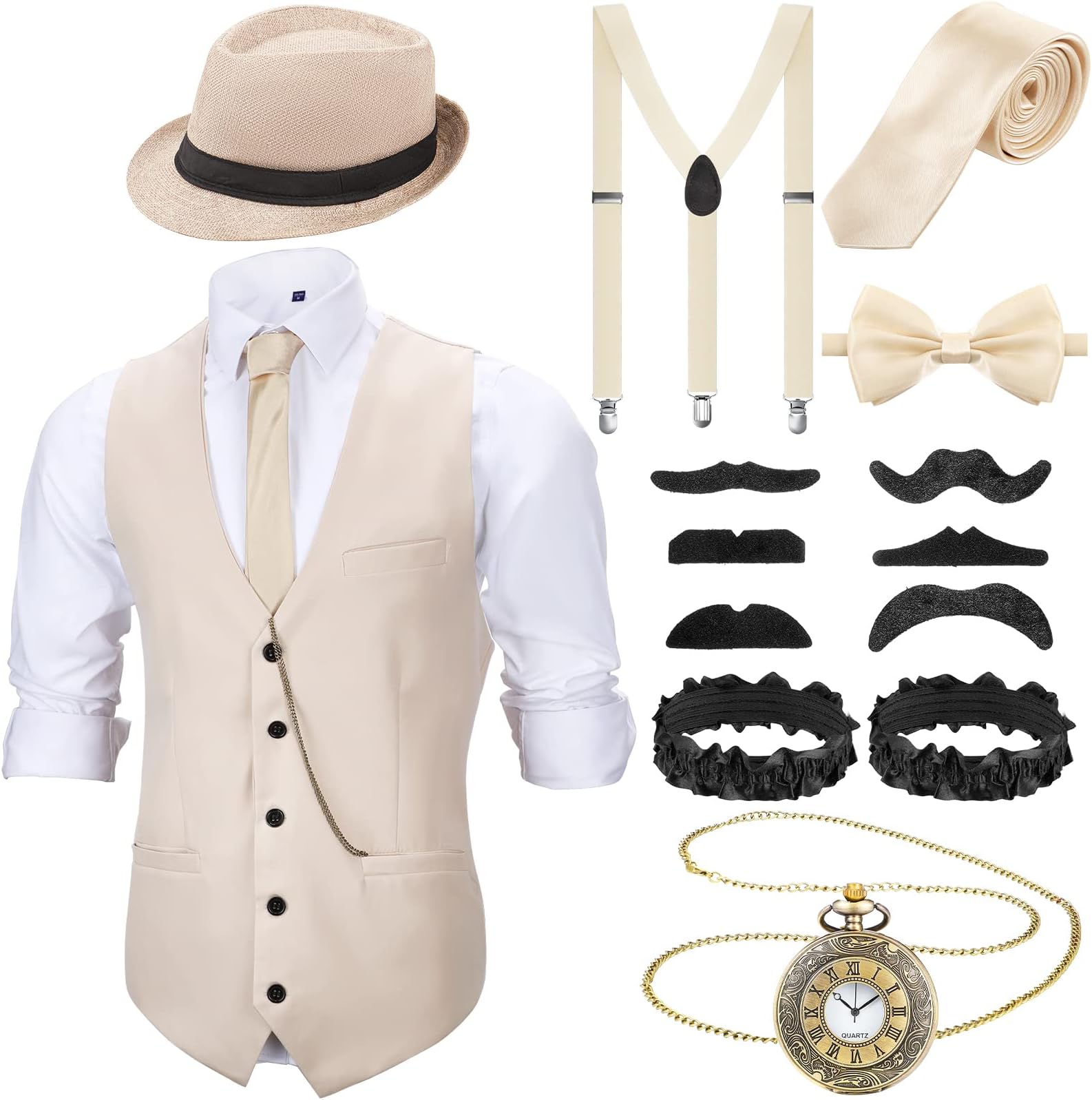 1920s Mens Costume Roaring Outfit with Gangster Vest Hat Pocket Watch Suspenders for Derby Attire 2026