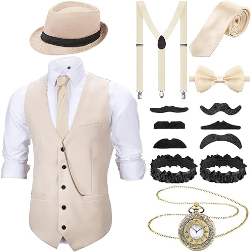 1920s Mens Costume Roaring Costumes Outfit with 20s Gangster Vest Hat Pocket Watch Suspenders
