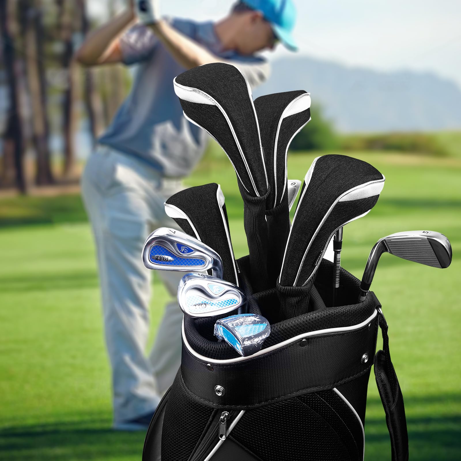 Andux Set di 5 coperture per mazze da golf in nylon, per mazze da golf, 460 cc, con collo lungo