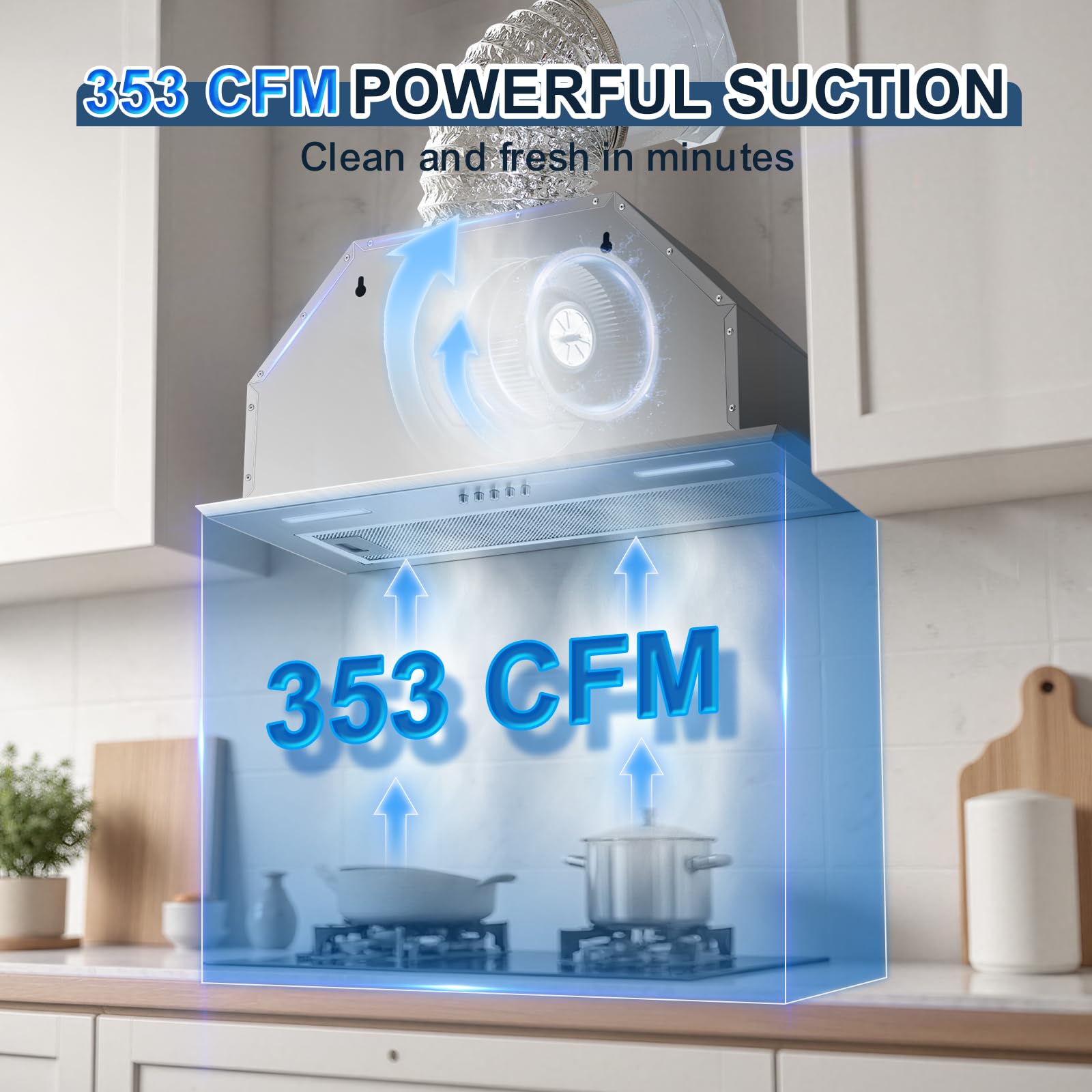 Insert Range Hood 24Inch, Built-in Kitchen Hood with 353 CFM, 3-Speed Vent Hood with Push Button Control LED Lights, Metal Filter, Suitable for Home kitchen, Compact Kitchen, Apartments - 4