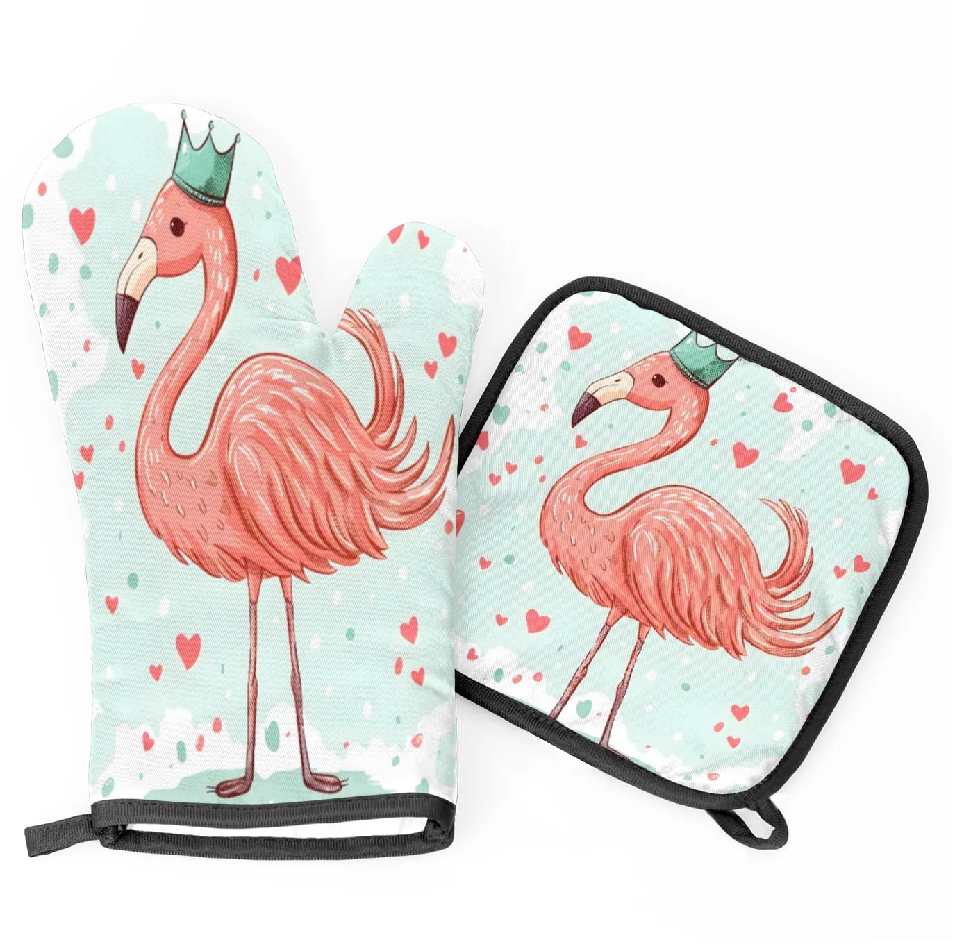 Watercolor Flamingo Love Oven Mitts Kitchen Oven Gloves for Cooking Baking Heat Proof Lining Cotton Kitchen Potholder Mittens Pot Holders Hot Pads for Chef Women Men