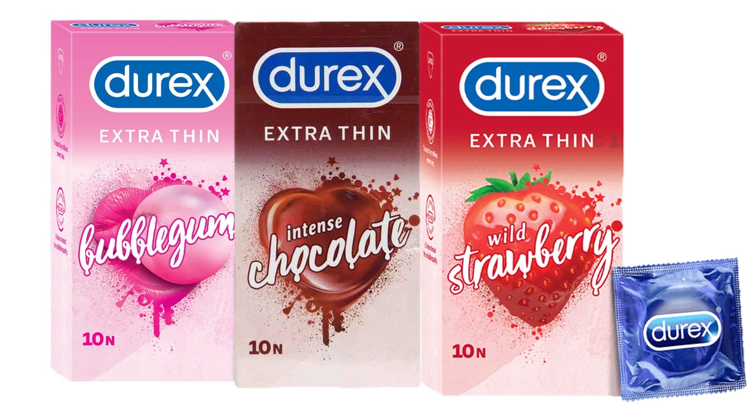 Durex Extra Thin Flavoured Condoms, 10s, Pack of 3 (Bubblegum + Chocolate + Strawberry)