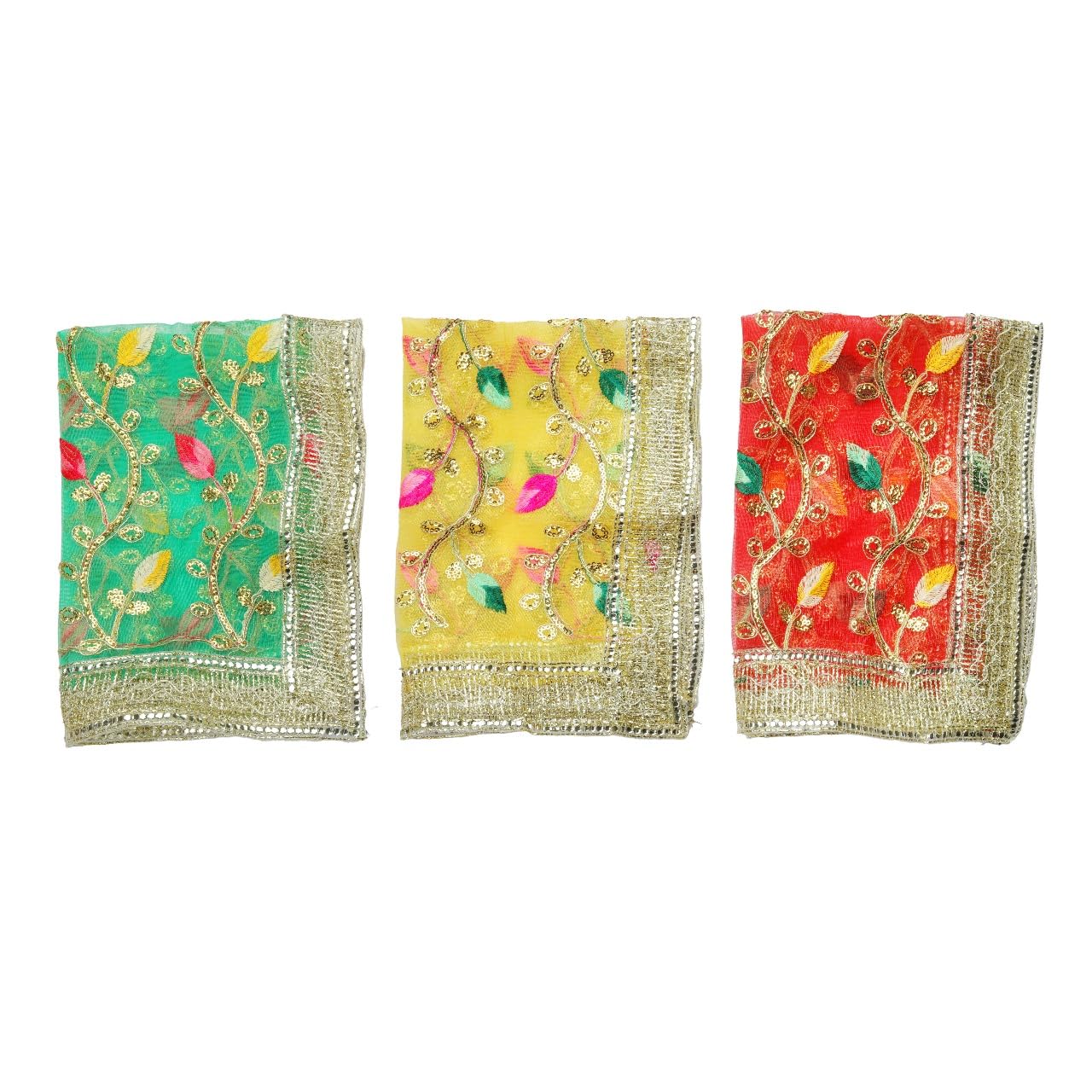 Set of 3 Chunari Decorative Netted Cloth Puja Chunni Chunar (Size :- 20 Inches x 14 Inches) Aasan Mat for Statue Frame Idol Temple for Indian Traditional Decoration(Red, Green and Yellow)
