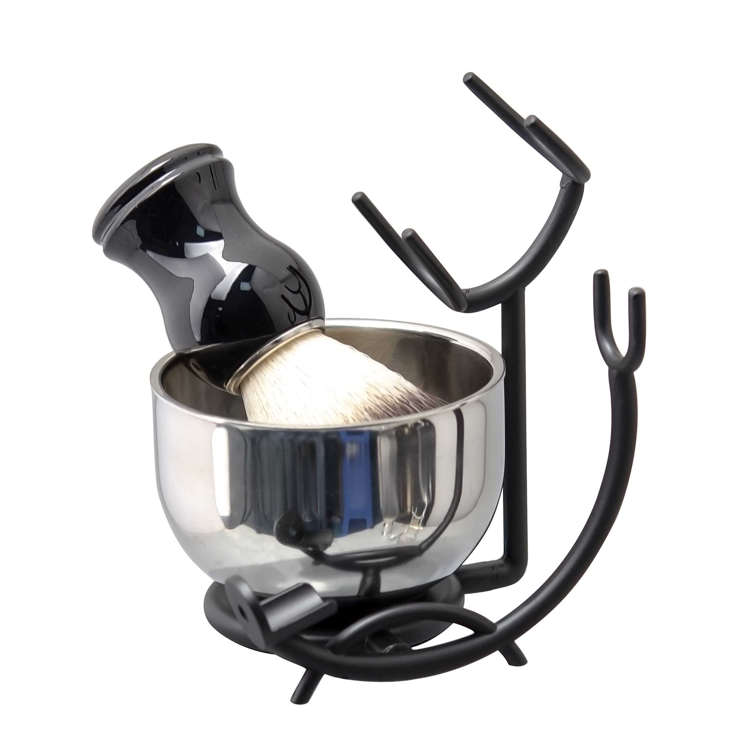 Grandslam Set di Pennelli da Barba Premium, 3 in1 Pennelli da Barba da Uomo, Supporto e Ciotola in Acciaio Inox, Kit Tradizionale per Rasatura a Umido, Set da Barba Manuale per Regalo da Uomo (Nero)