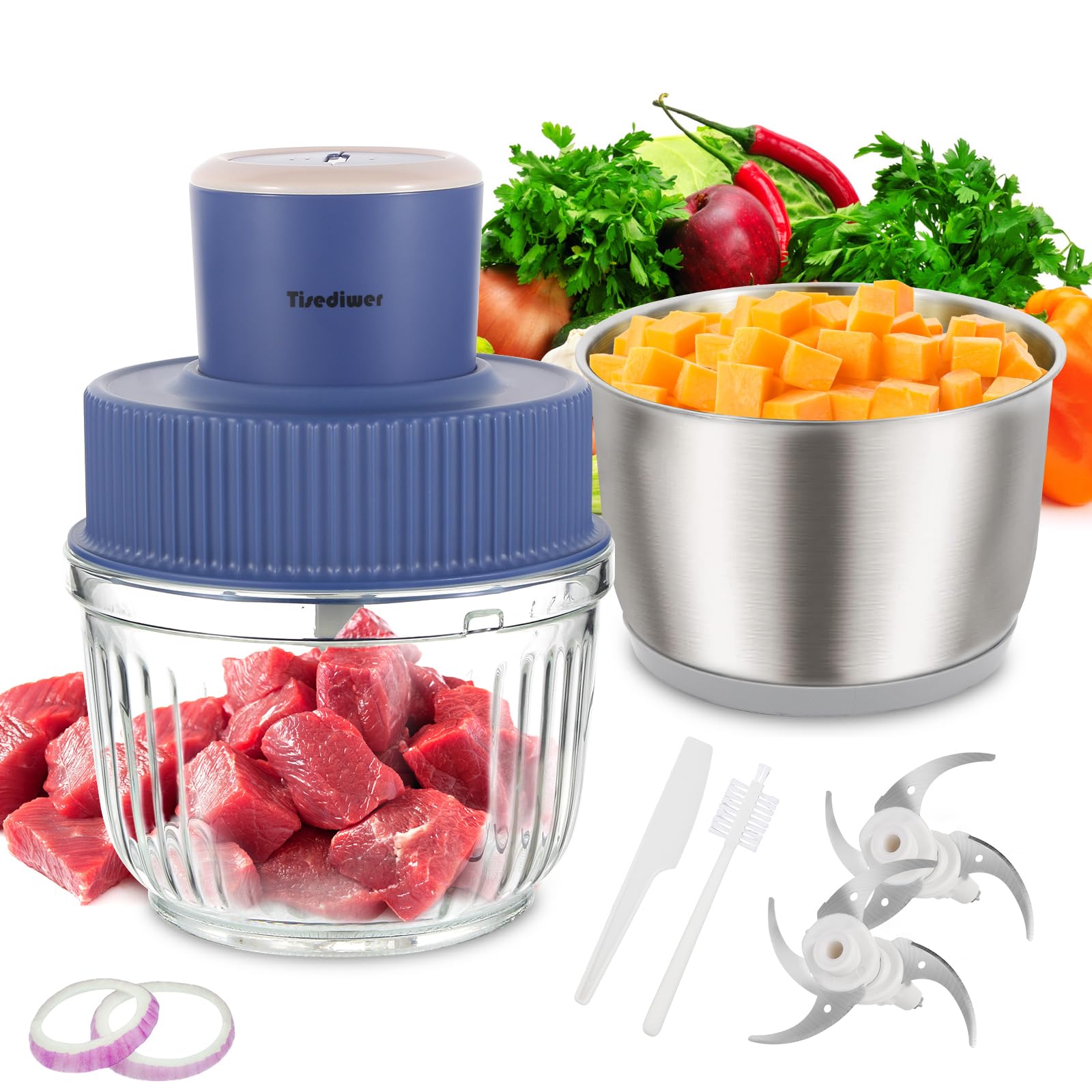 (Similar product) Food Processors with 2 Bowls, 400W Meat Grinder, Food Chopper Electric, 2 Speed, 8Cup Glass and 8Cup 304 Stainless Steel