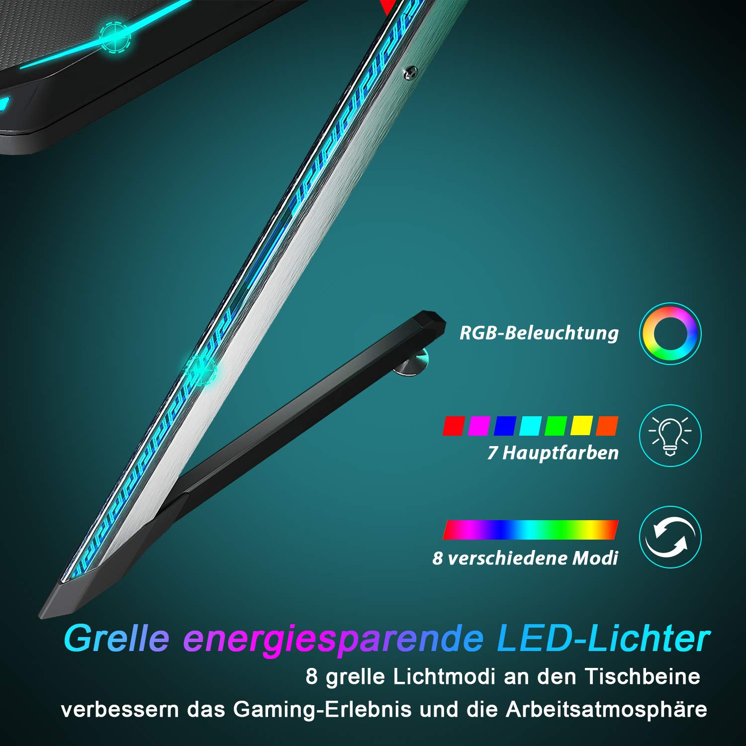 SONNI Gaming Tisch 140cm, Gaming Schreibtisch mit LED, Gaming Desk, Z-förmiger Stabiler Bein, mit Getränkehalter und Kopfhörerhalter, 140x60x75cm Schwarz