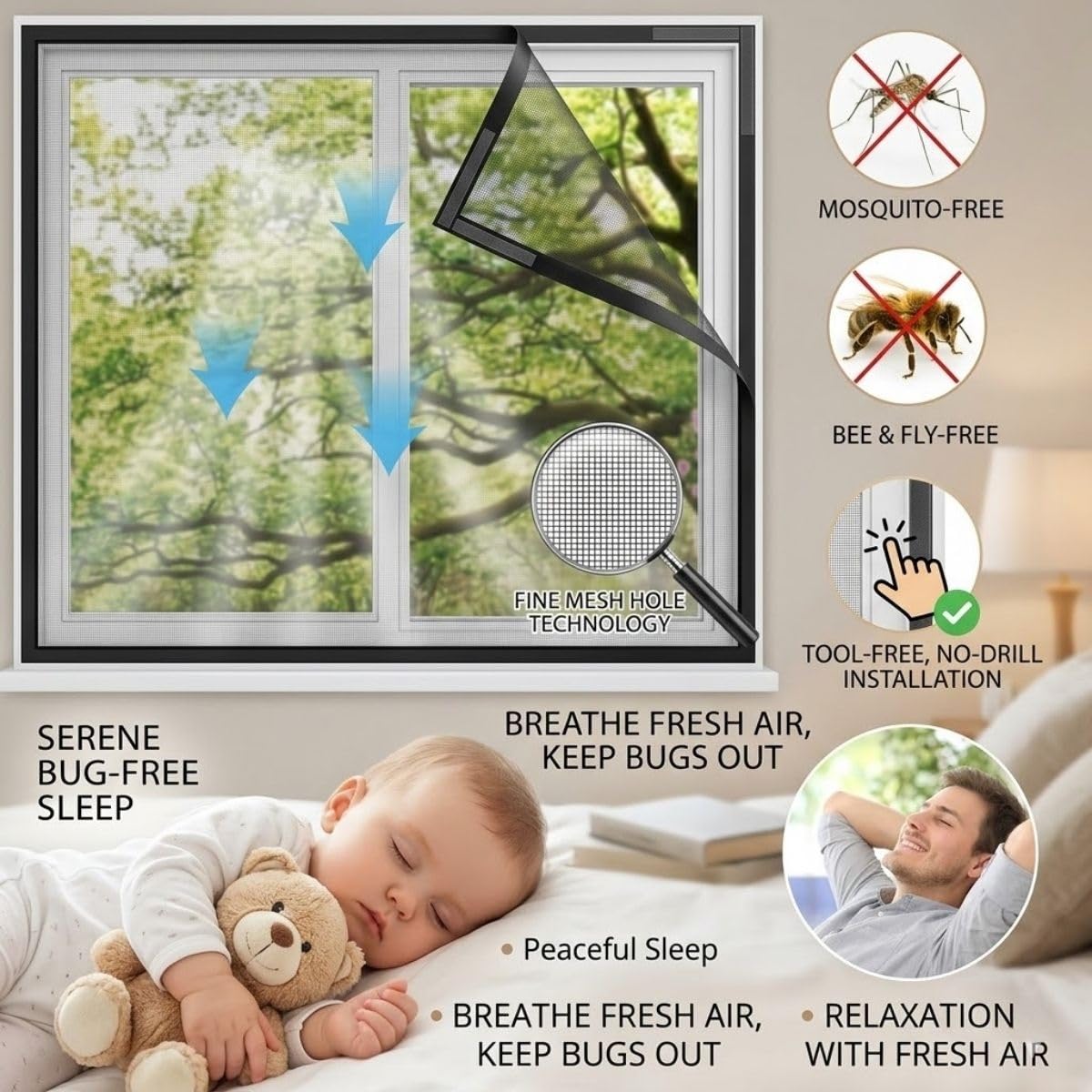 Mosquitera Para Ventana 60x120cm, 120x120cm Malla Contra Insectos Ajustable, Red De Insectos Con Cintas Autoadhesivas，Blanco，Negro(Oscuro,200x270cm)