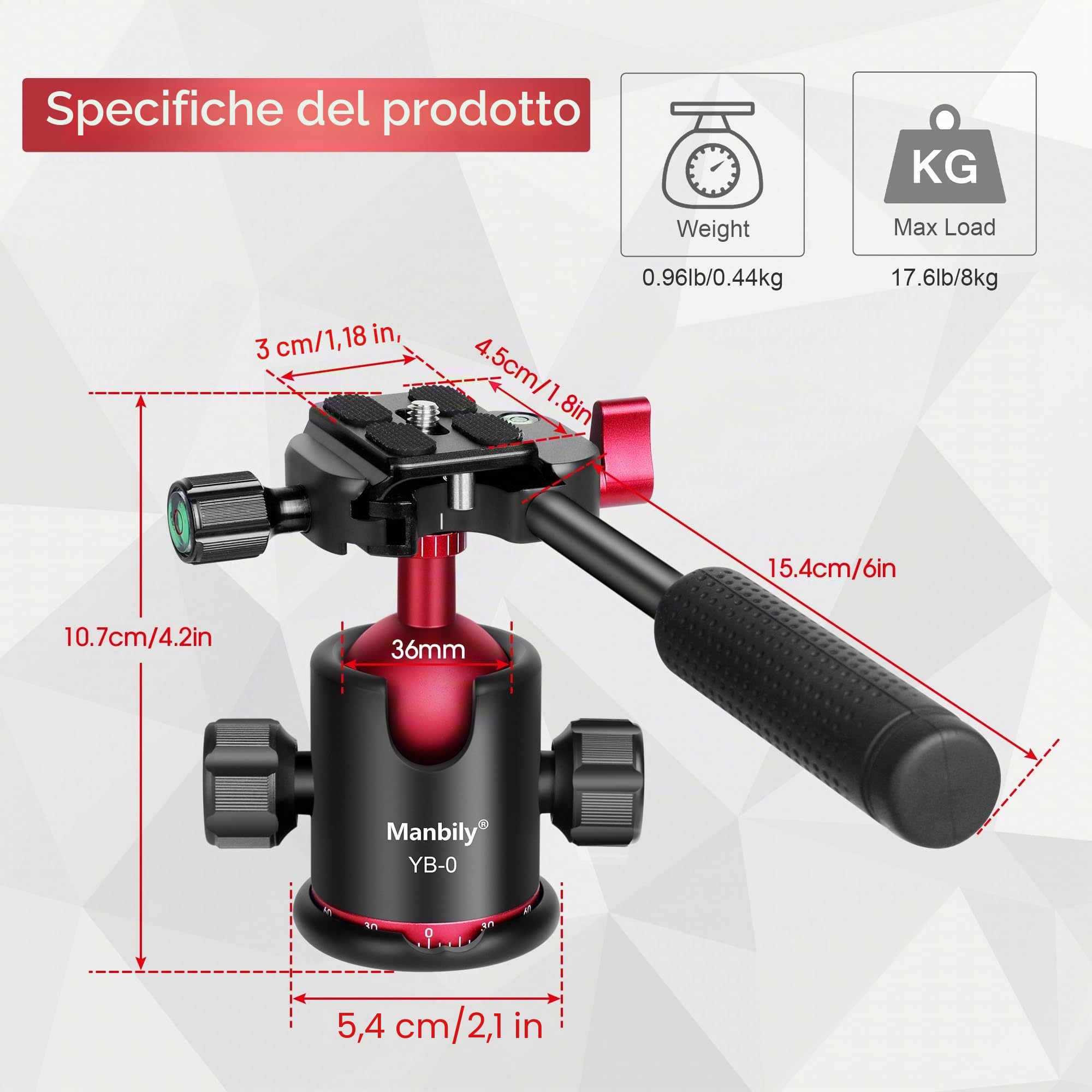 Manbily Testa a sfera con manico da 36 mm per treppiede monopiede, supporto a sfera in alluminio a 360 ° per fotografia panoramica Arca Swiss Piastra a sgancio rapido* 2, vite da 3/8" e 1/4" per