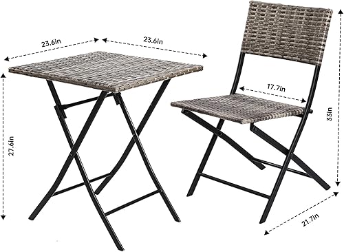 Miniatura 4 de FURFIMU Juego de muebles de ratán para patio, mesas y sillas plegables impermeables de ratán para exteriores, muebles de balcón, juego de 3 piezas