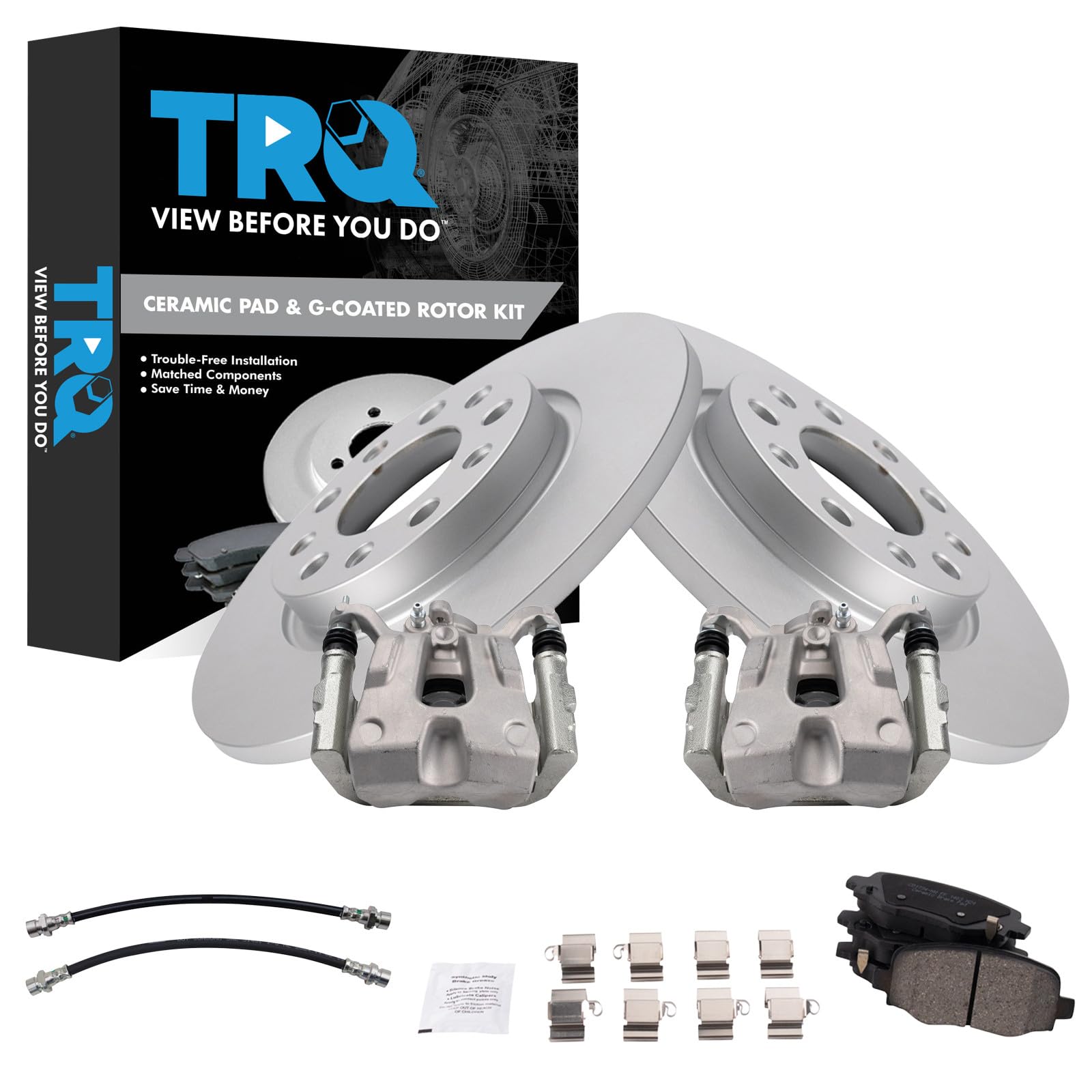 TRQ Rear Brake Pad and Rotor Set Ceramic Coated Rotors Calipers Hoses Compatible with 2015-2017 Chrysler 200