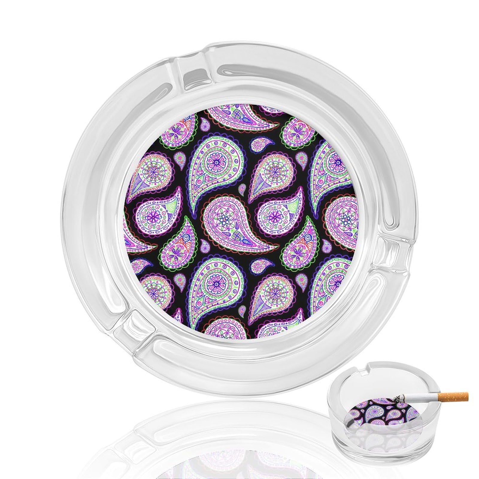 Colorful Mandala Pattern278 Glass Ashtray 3.3 Inch Round Cigarette Ash Holder with 4 Grooves for Home Office Outdoor One Size
