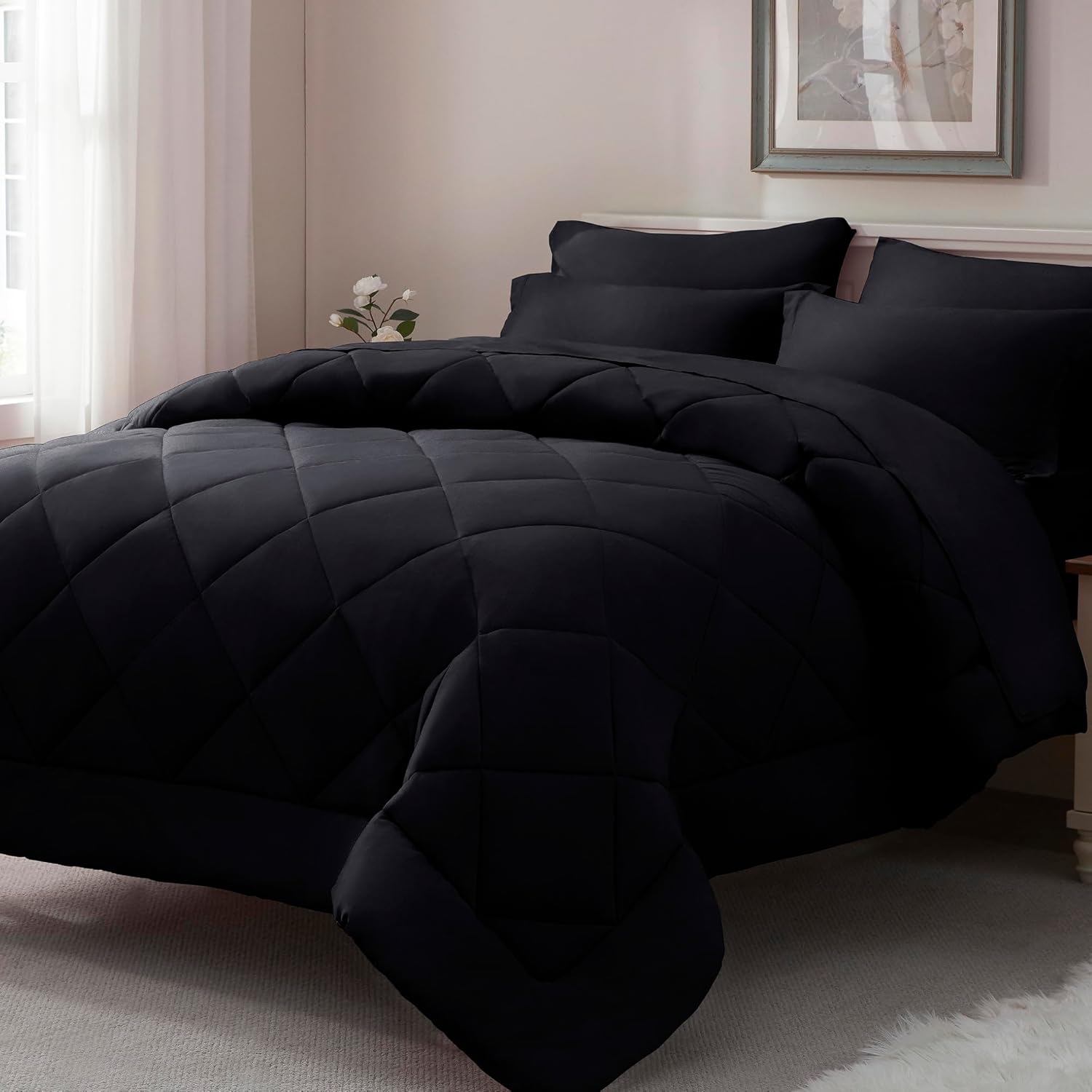 (Similar )(incomplete )ELNIDO QUEEN® Queen Comforter Set Black - 7 Pieces Bed in a Bag Comforters Queen Size, Bed Set All Seasons, Black Bedding Sets with Comforter, Flat Sheet, Fitted Sheet, Pillowcases and Pillow Shams Black Queen