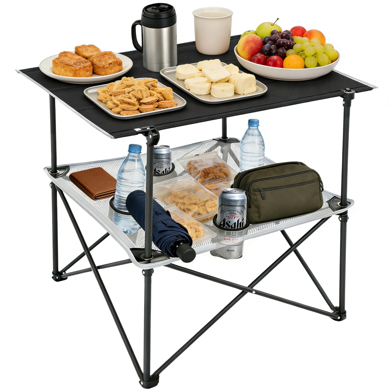 SUNNYFEEL 2-Tier Folding Camping Table- Collapsible Portable Beach Table with 4 Cup Holders &amp; Carry Bags, Outdoor Picnic Table for Outdoor Excursion Picnic, 110 LBS Capacity, Portable, Black