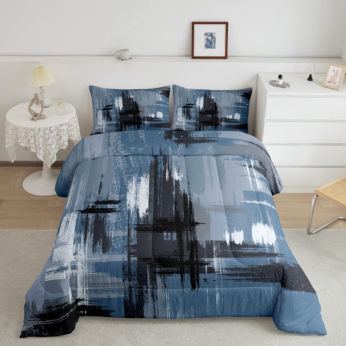 Abstract Comforter Set Modern Abstract Art Comforter for Kids Teens Retro Bedding Set Blue Grey Pattern Duvet Set Room Decor 3Pcs with 2 Pillow Case Full Size