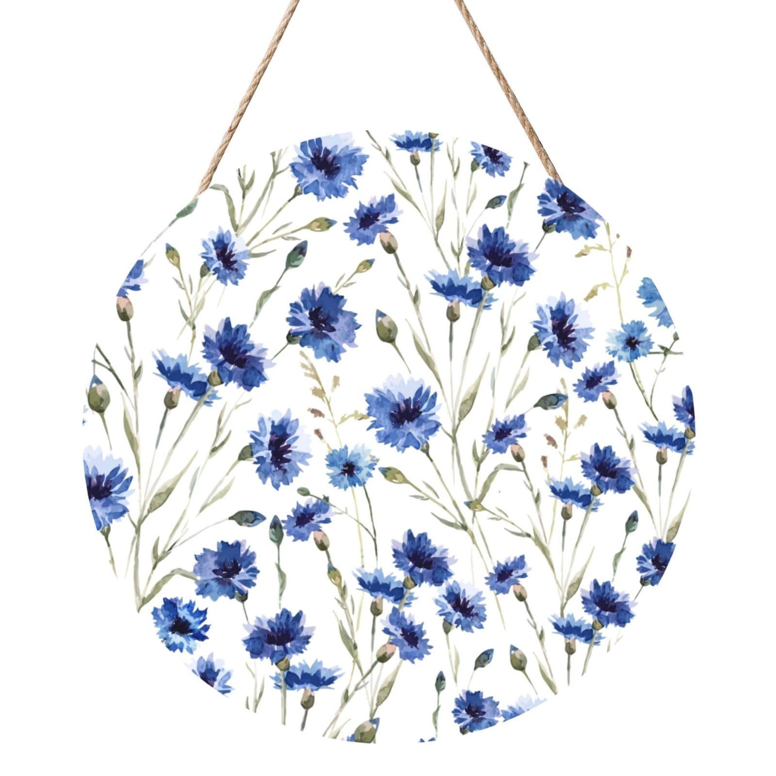 InOmak Flower Cornflower, Round Wood Panel Painting 12 in, Wall Hanging Painting For Home