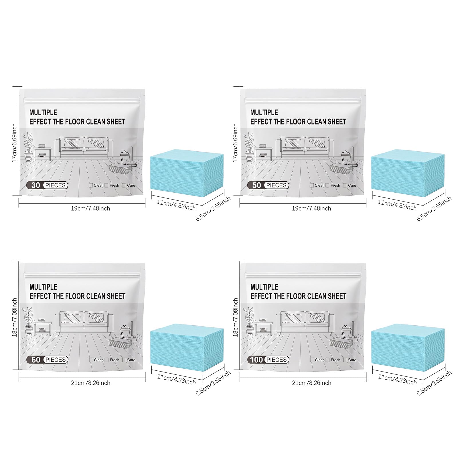 Multiply Effect The Floor Clean Sheet, 100 pastillas de limpieza de suelos, hojas solubles en agua, para suelos de madera, 8 unidades