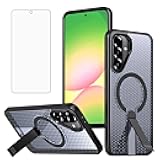 Phone Case for Samsung Galaxy A56 5G Compatible with Magsafe Tempered Glass Screen Protector Cell Cover Stand Rugged Shockproof Heavy Duty Magnetic Protective A 56 56A LTE Women Men Black